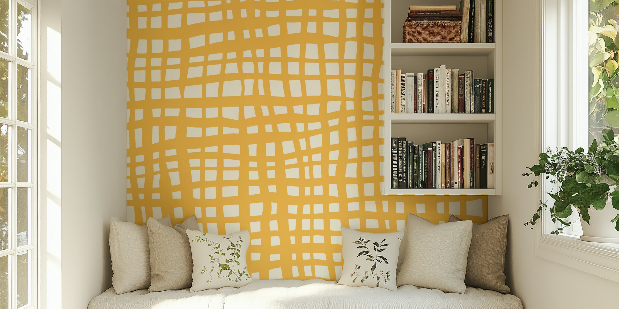 Fotomural de pared con estampado de cuadrícula retro amarillo con líneas dibujadas en blanco
