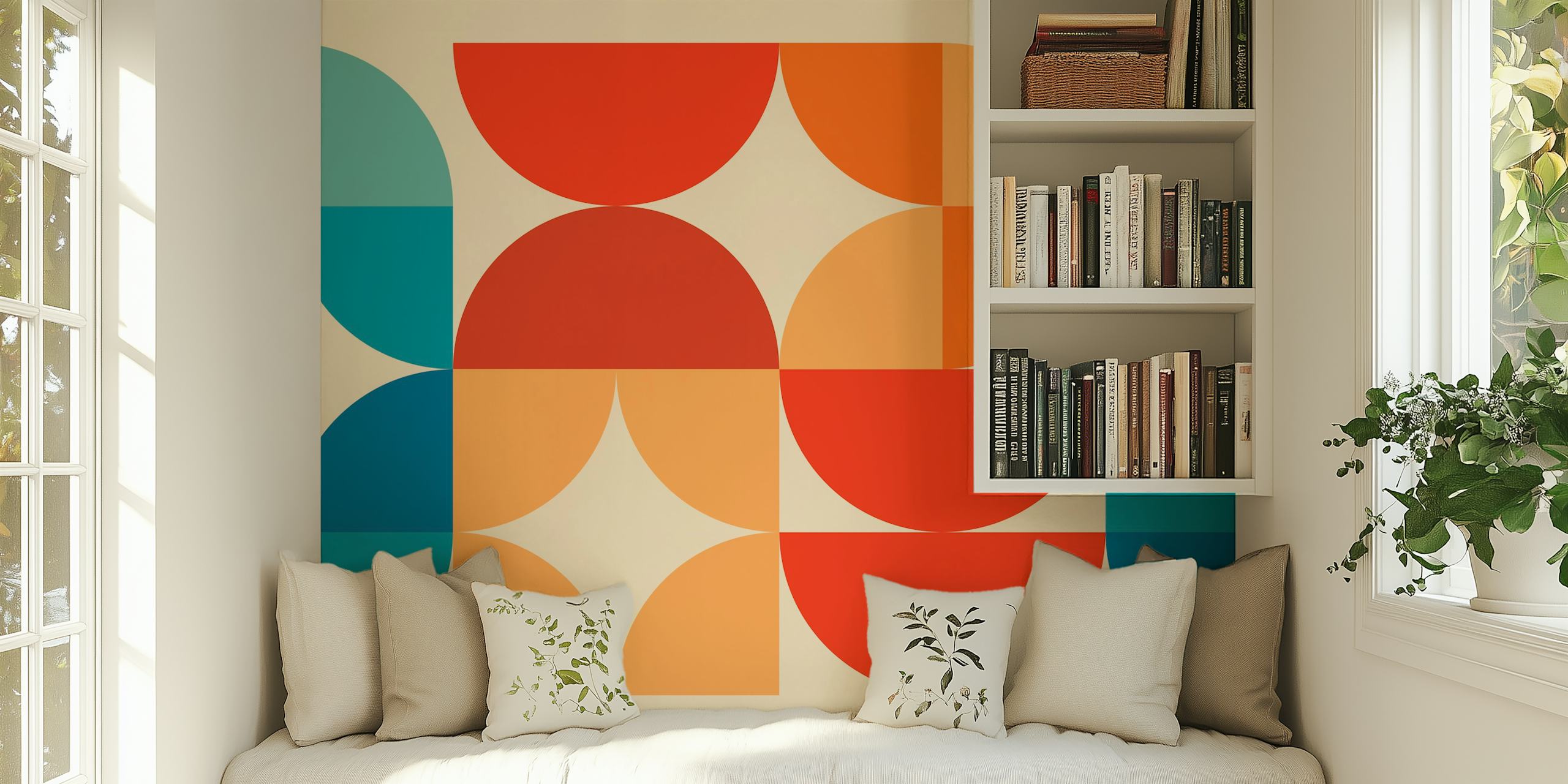 Geometric shapes in red, orange, blue, and teal on a beige background wallpaper