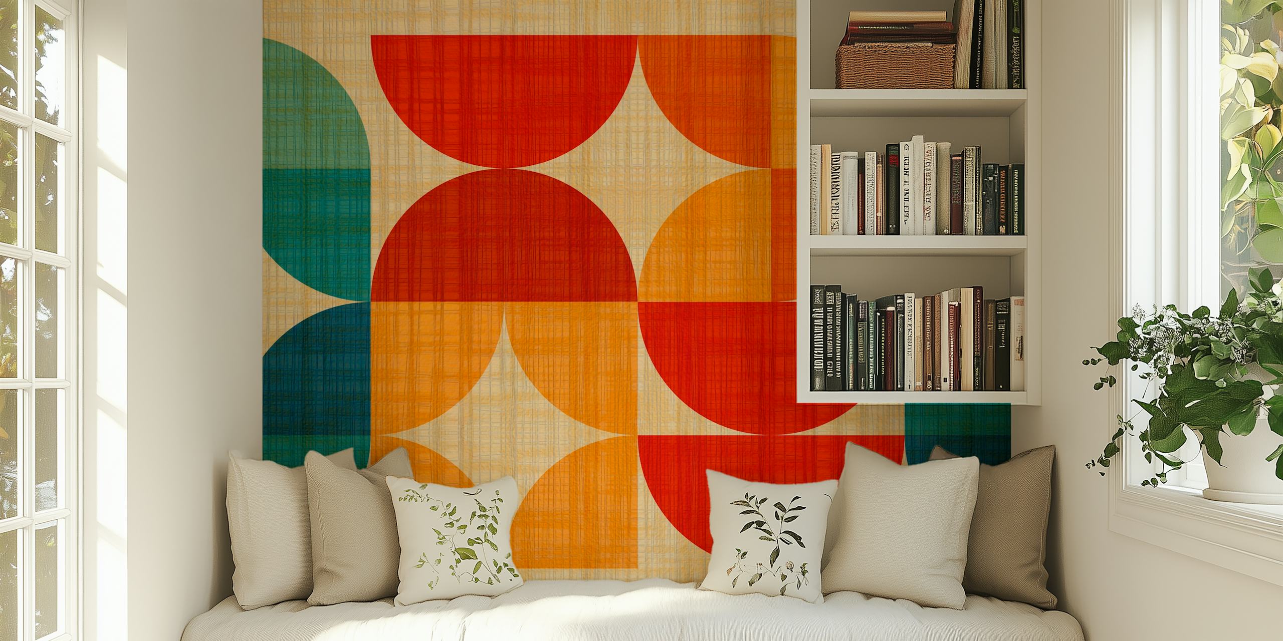 Tapeta Mid-Century Modern Retro Geo s geometrickými tvary v teplých tónech.