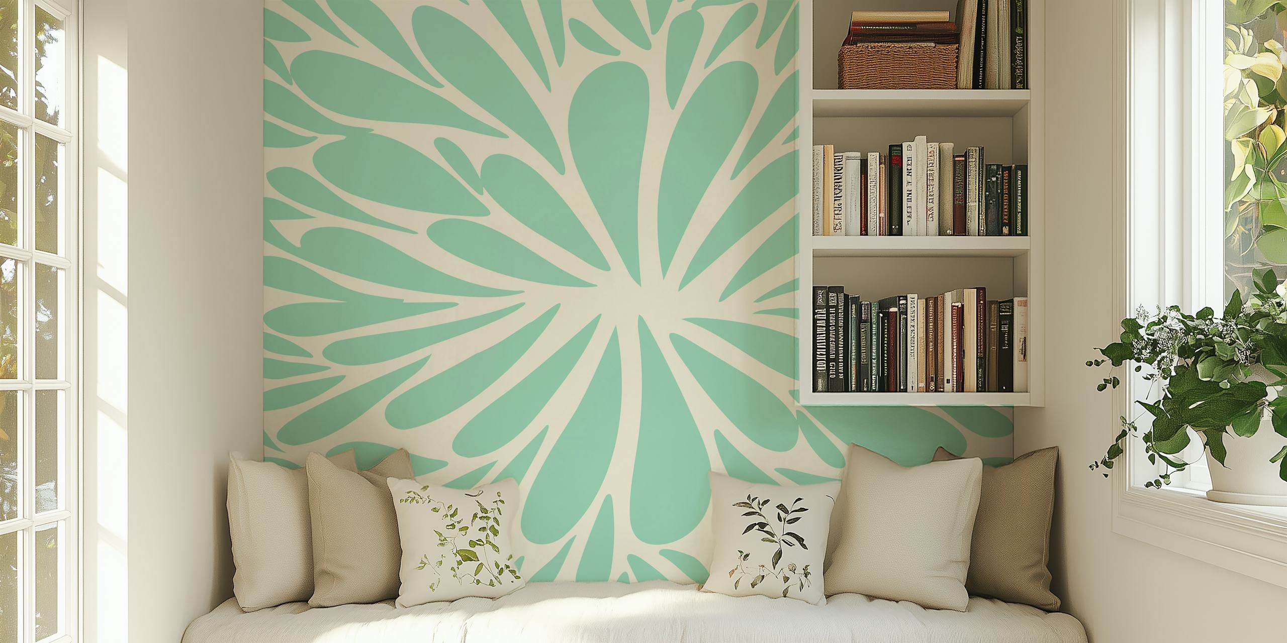 Abstract floral burst pattern aqua em um quarto