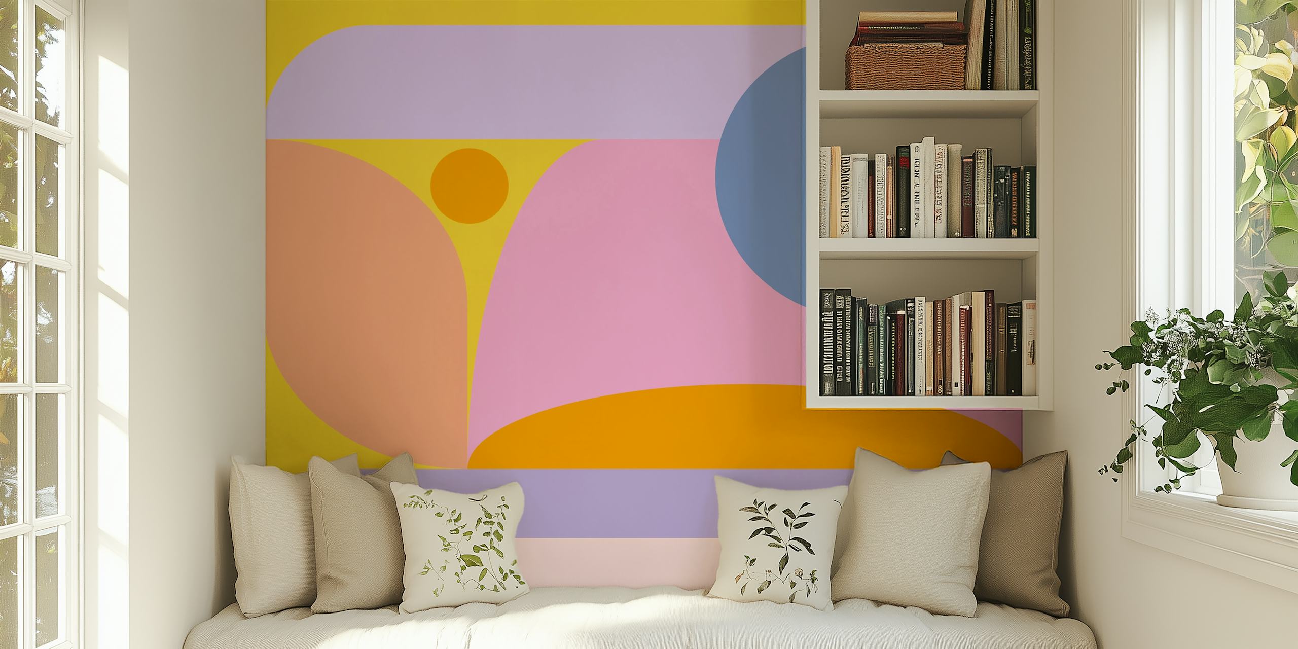 Colorful geometric shapes in orange, pink, purple on yellow wallpaper