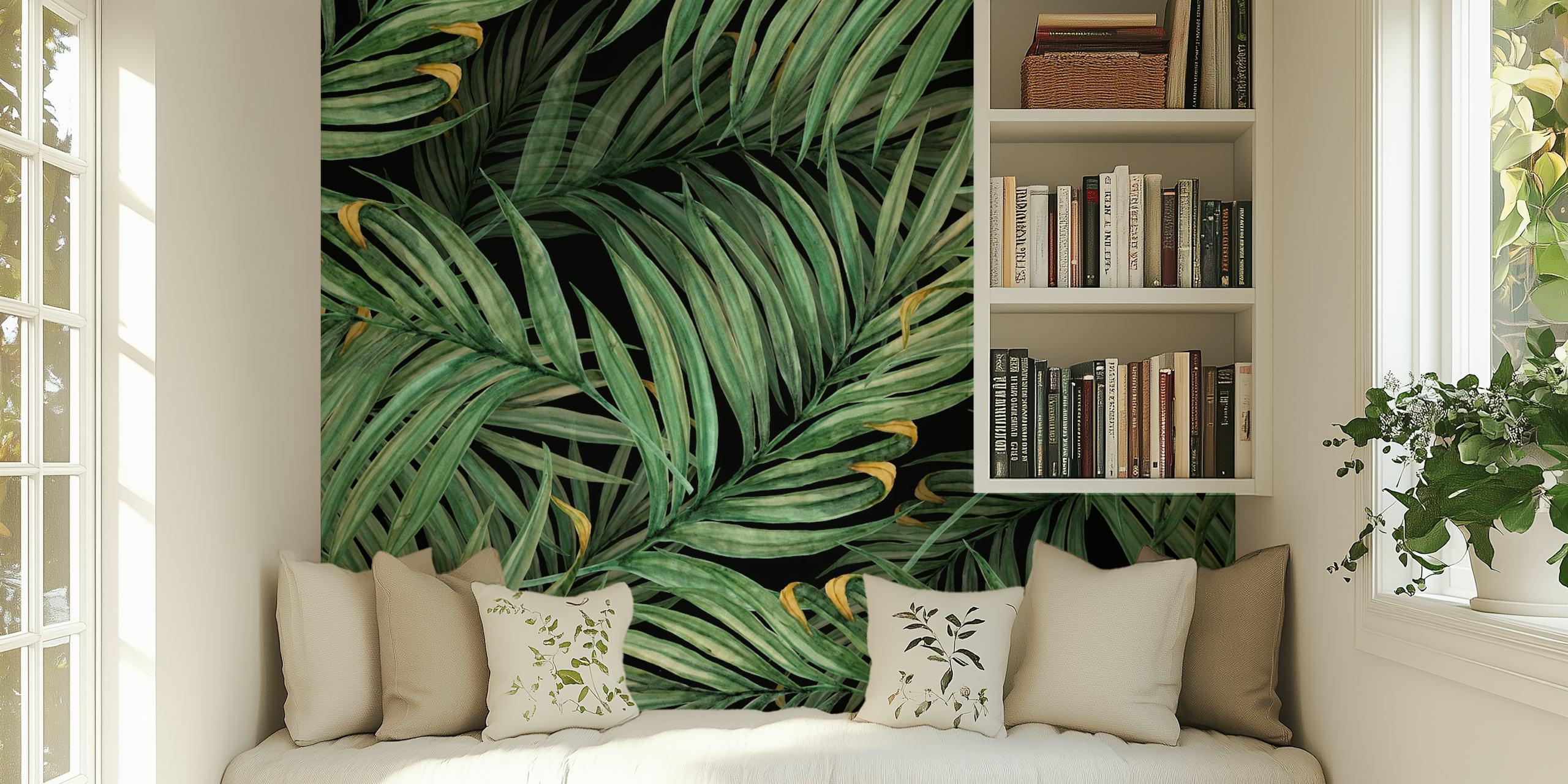 Palm leaves wallpaper on a black background