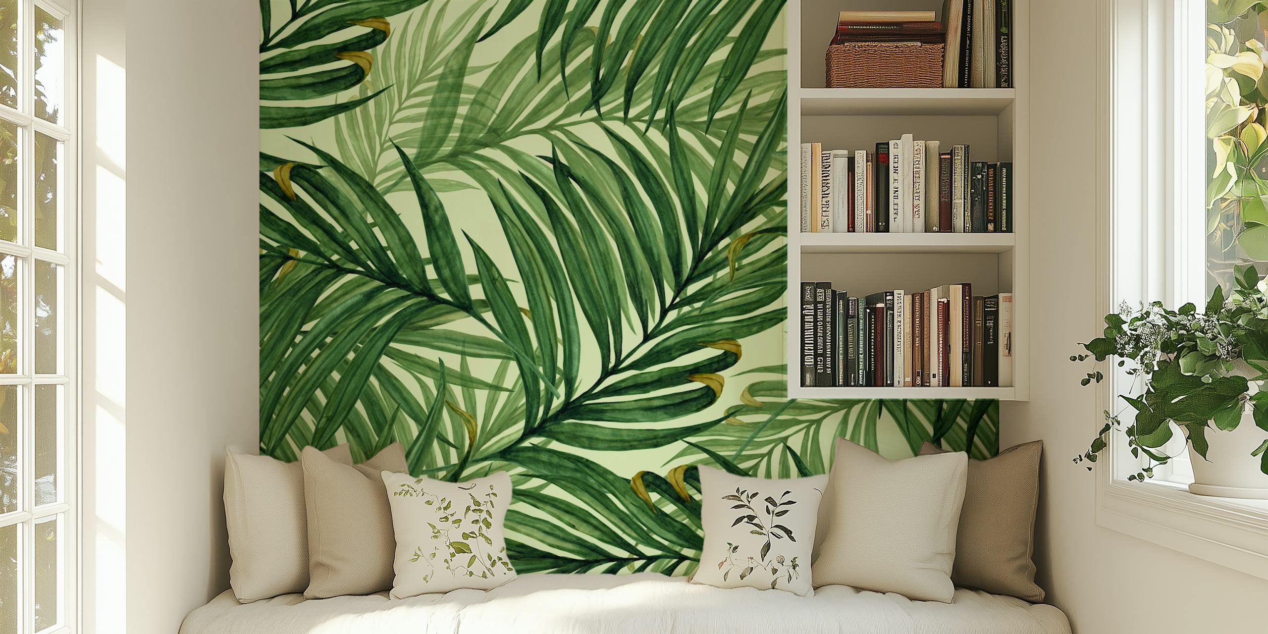 Tropical palm leaves in green hues wallpaper