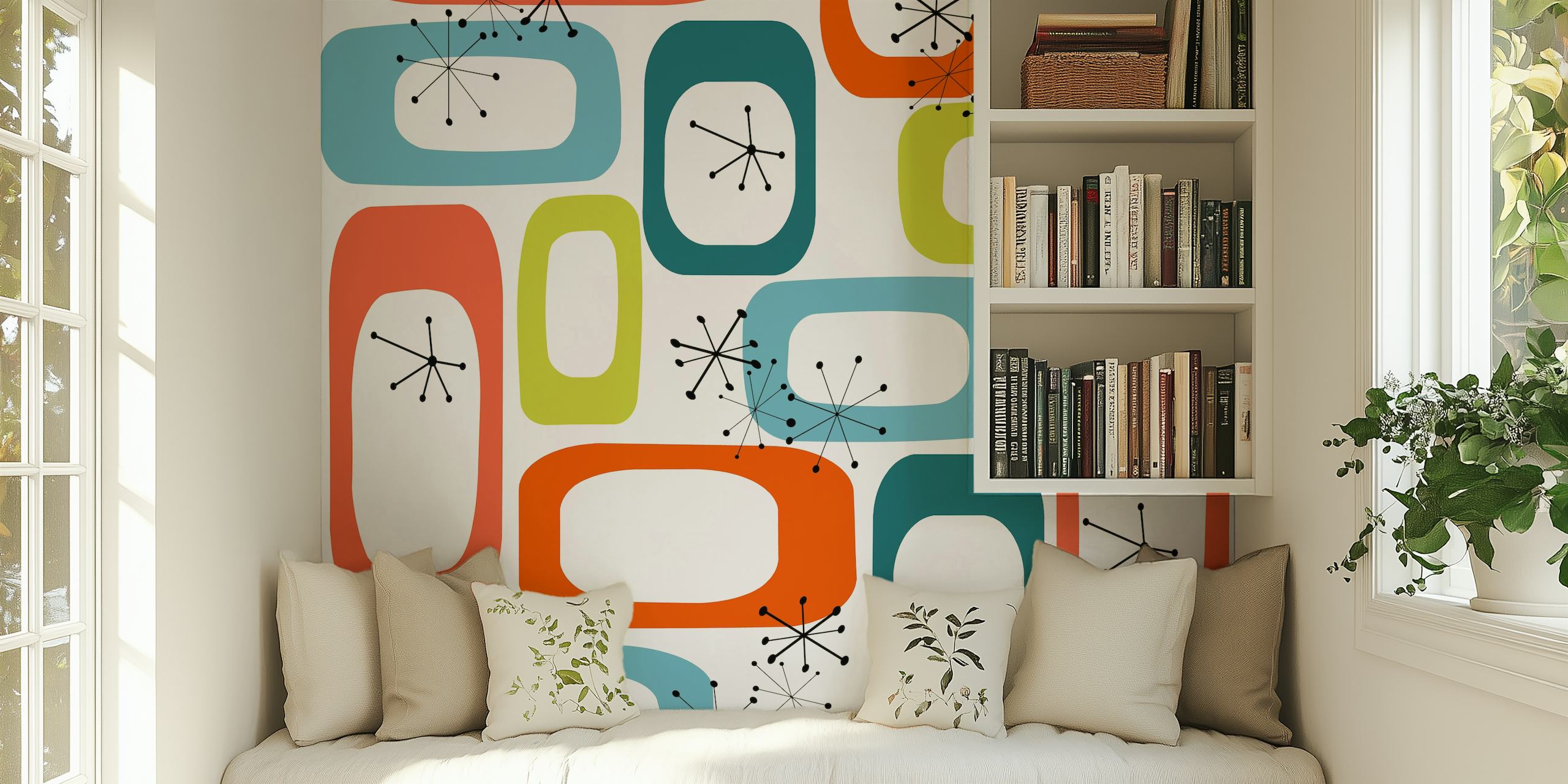 Mid Century Modern Pattern 01 Ταπετσαρία - Μια σύντηξη τολμηρού πορτοκαλιού και ηρεμιστικών γκρίζων γεωμετρικών σχημάτων