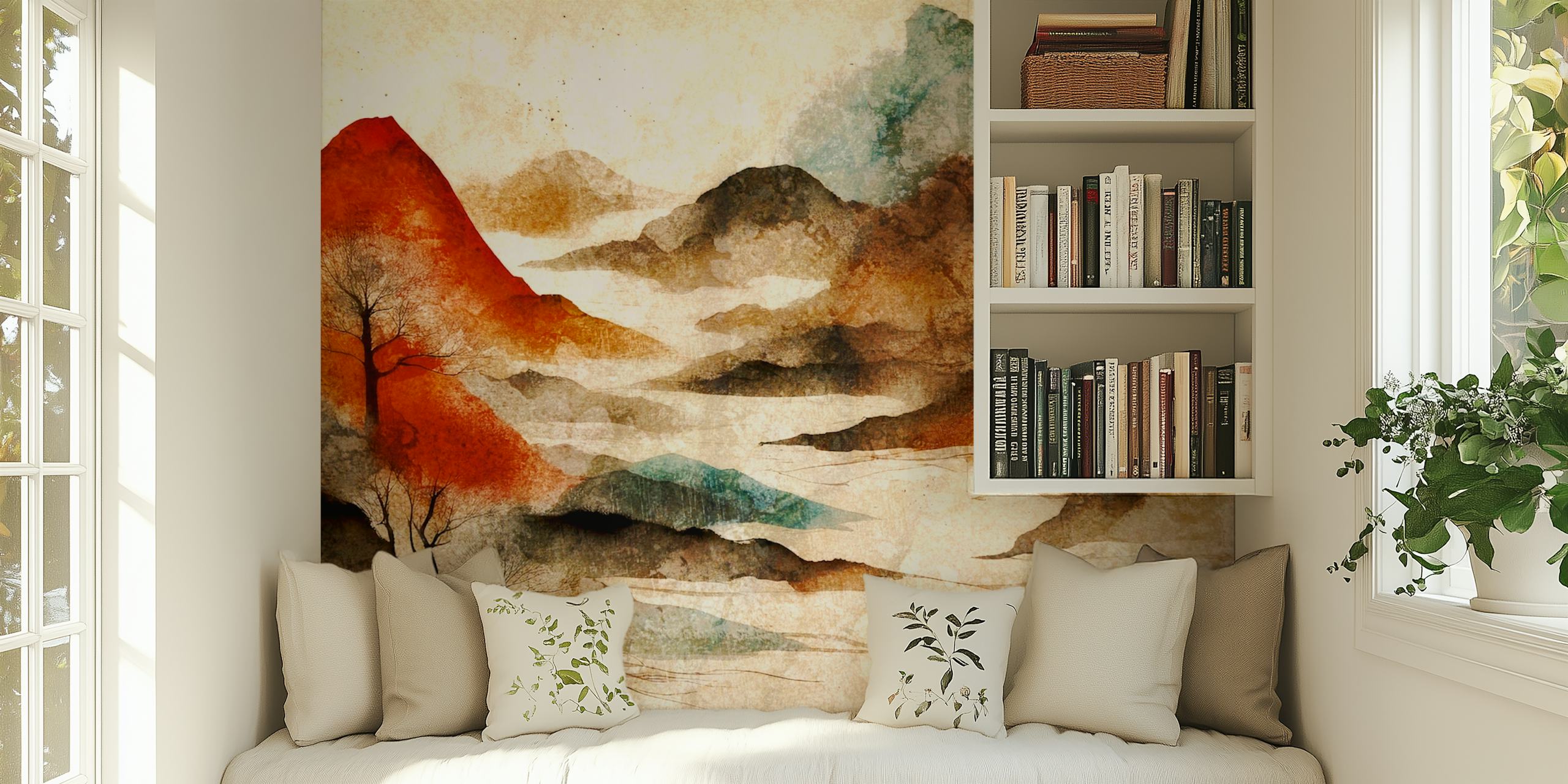 Rustic Japandi mountain hues tapetti huoneessa