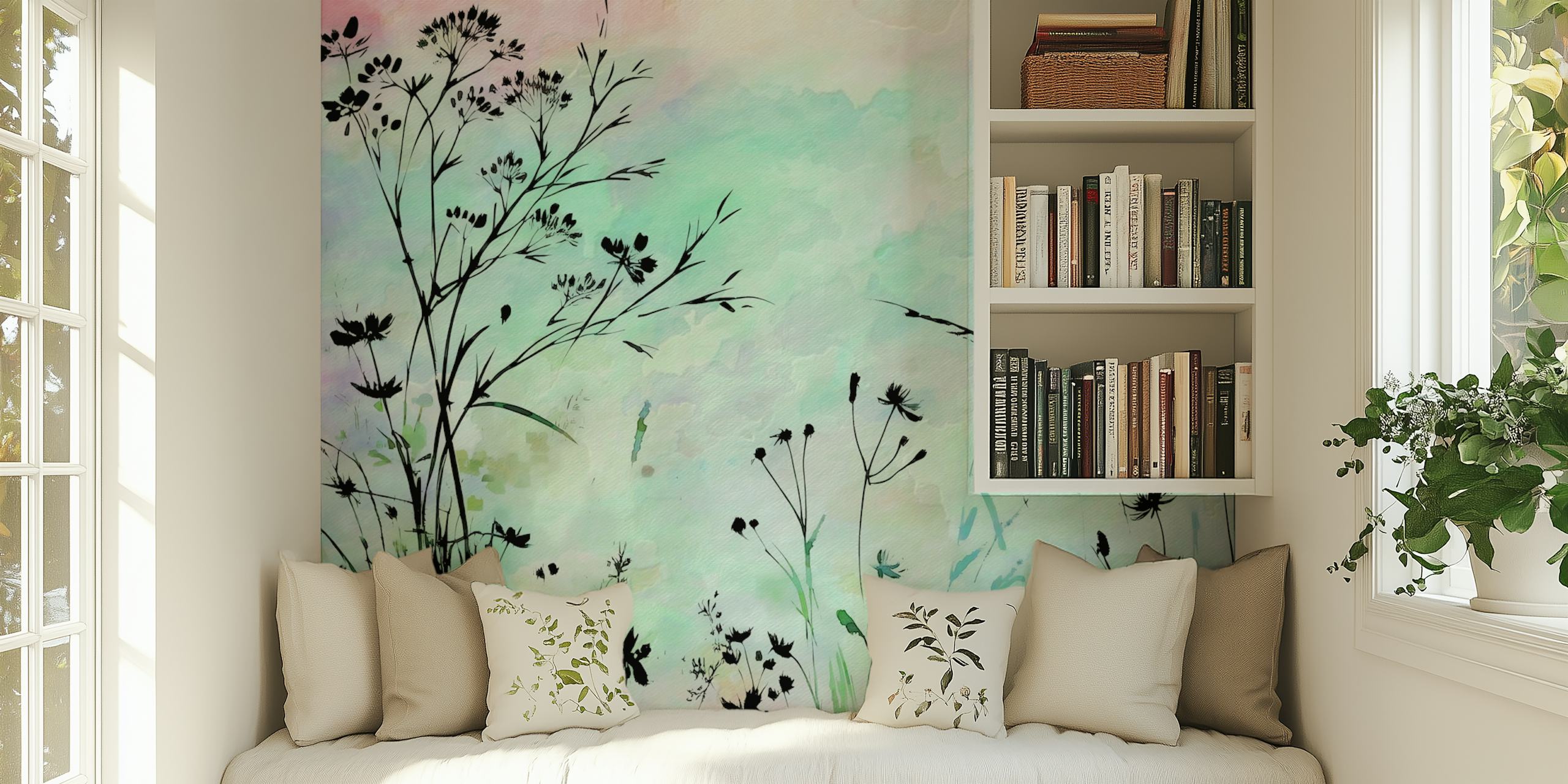 Turquoise floral silhouettes against a pastel background wallpaper