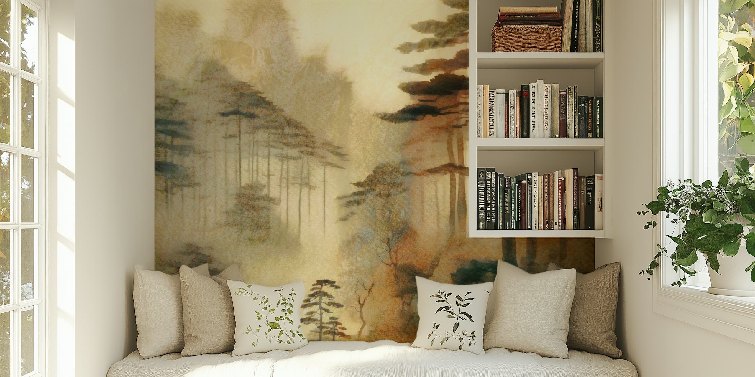 Misty pine forest wallpaper in a room