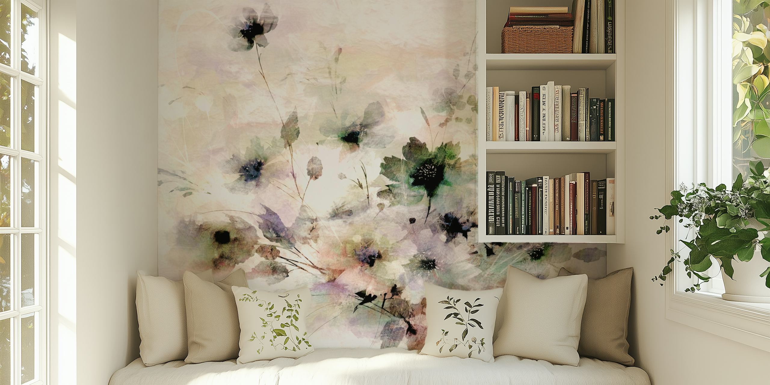 Floral arrangement in soft pastel colors on textured background wallpaper