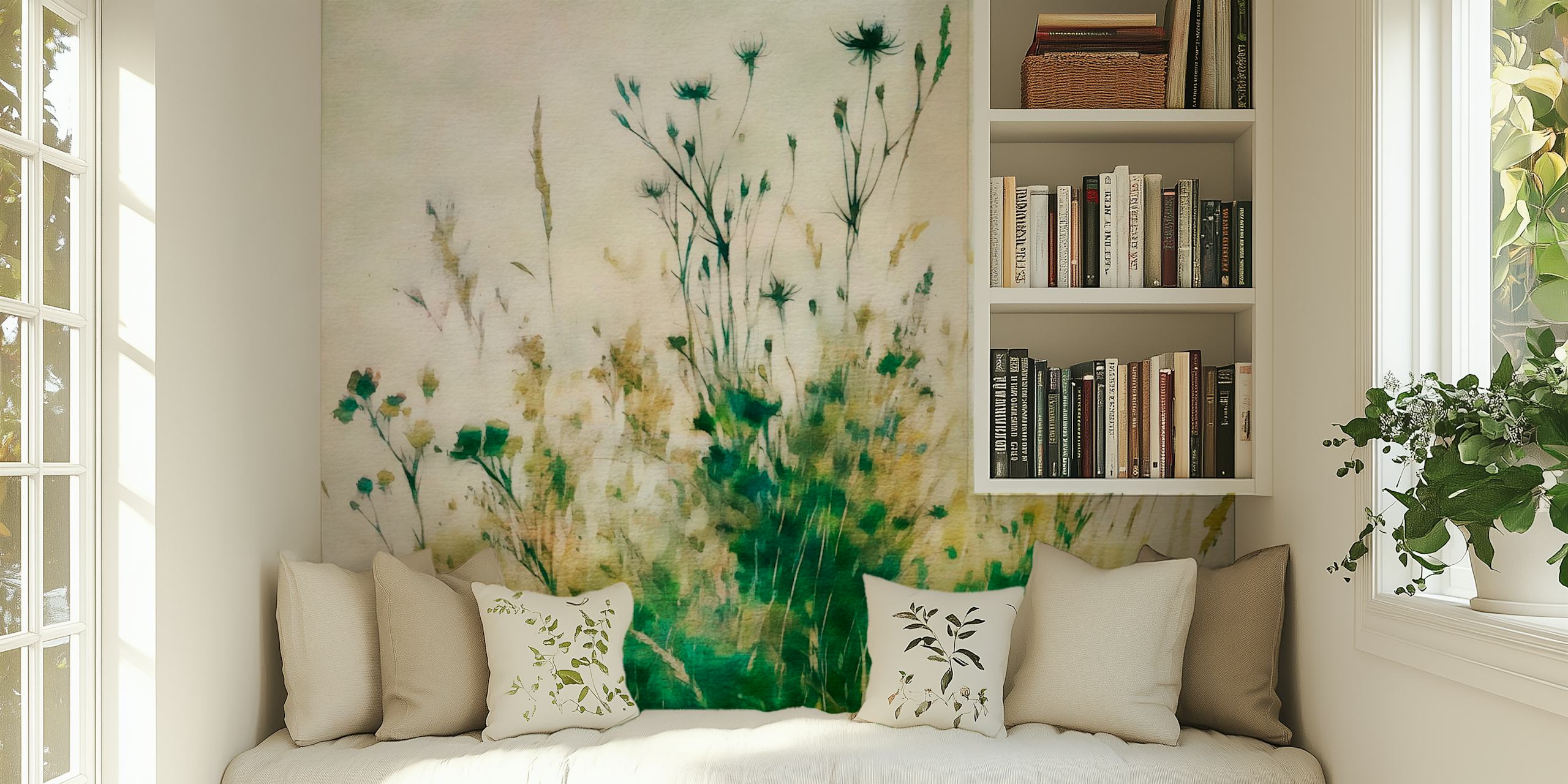 Papel tapiz floral Serene Meadow Bliss en una habitación