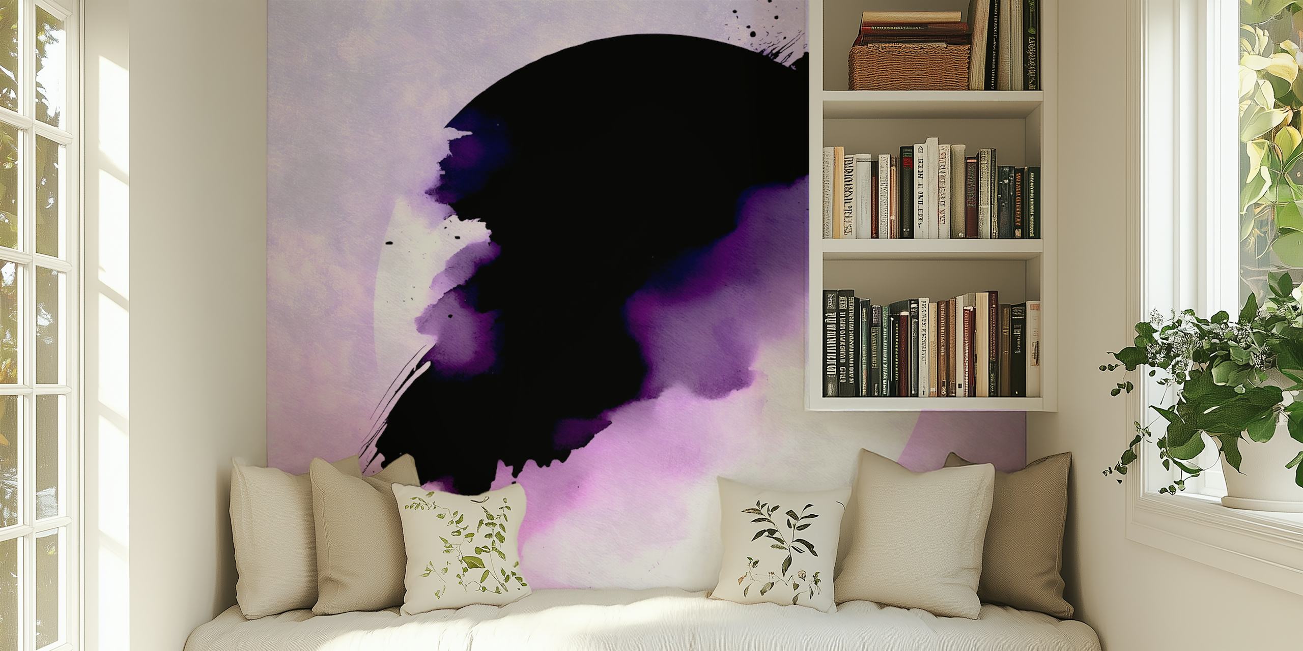 Purple watercolor splash and black circle abstract wallpaper