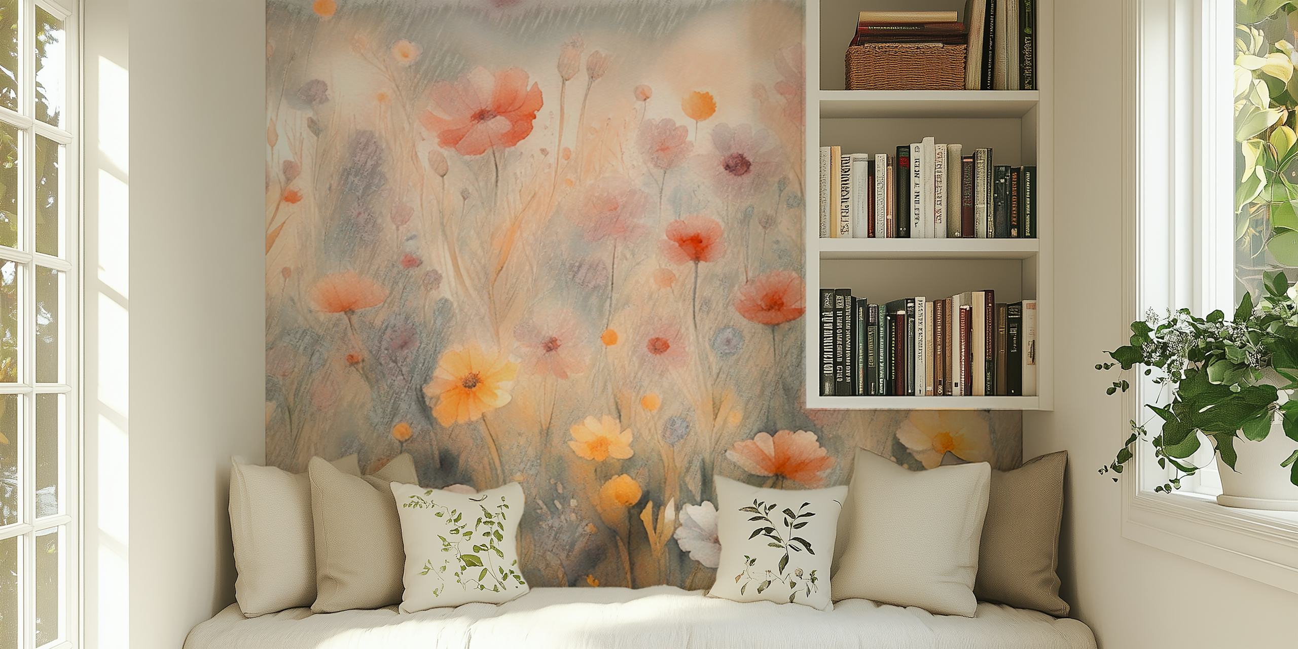 Soft pastel floral field wallpaper design with light colors.