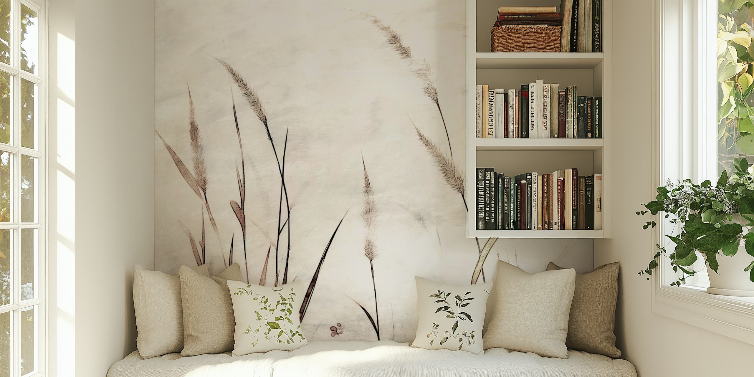 Delicate floral grass design in soft neutrals wallpaper