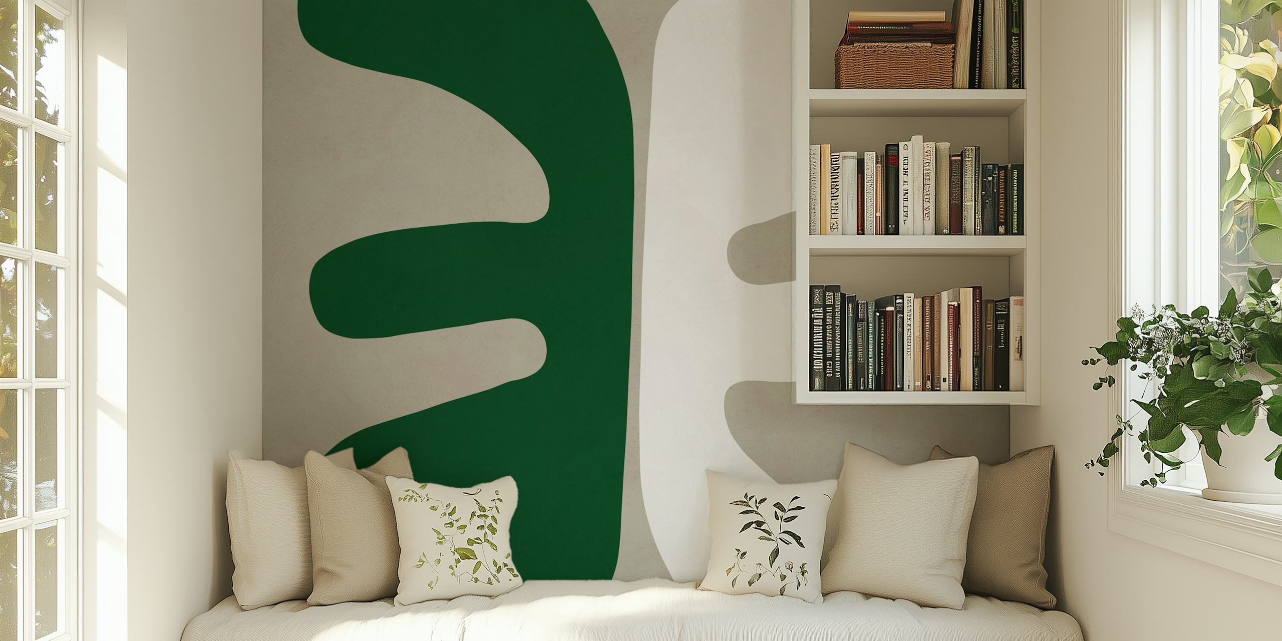 Green and white abstract shapes on a beige background wallpaper