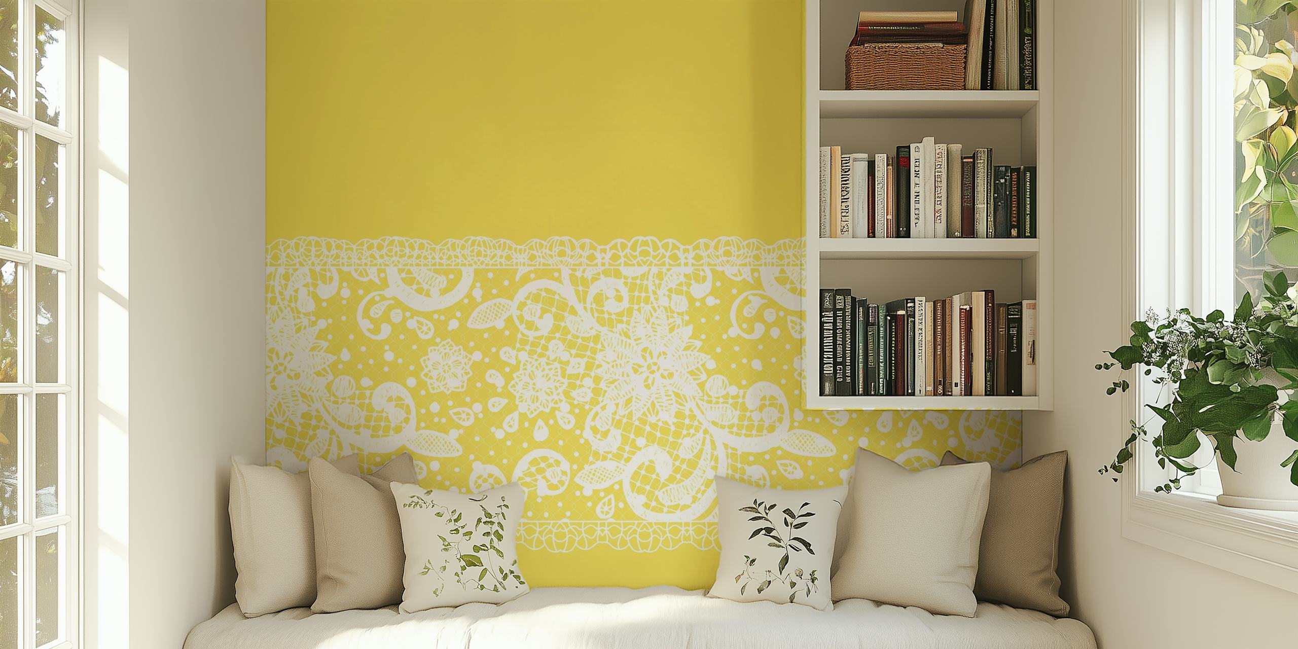 Floral lace pattern in white over sunny yellow background wallpaper