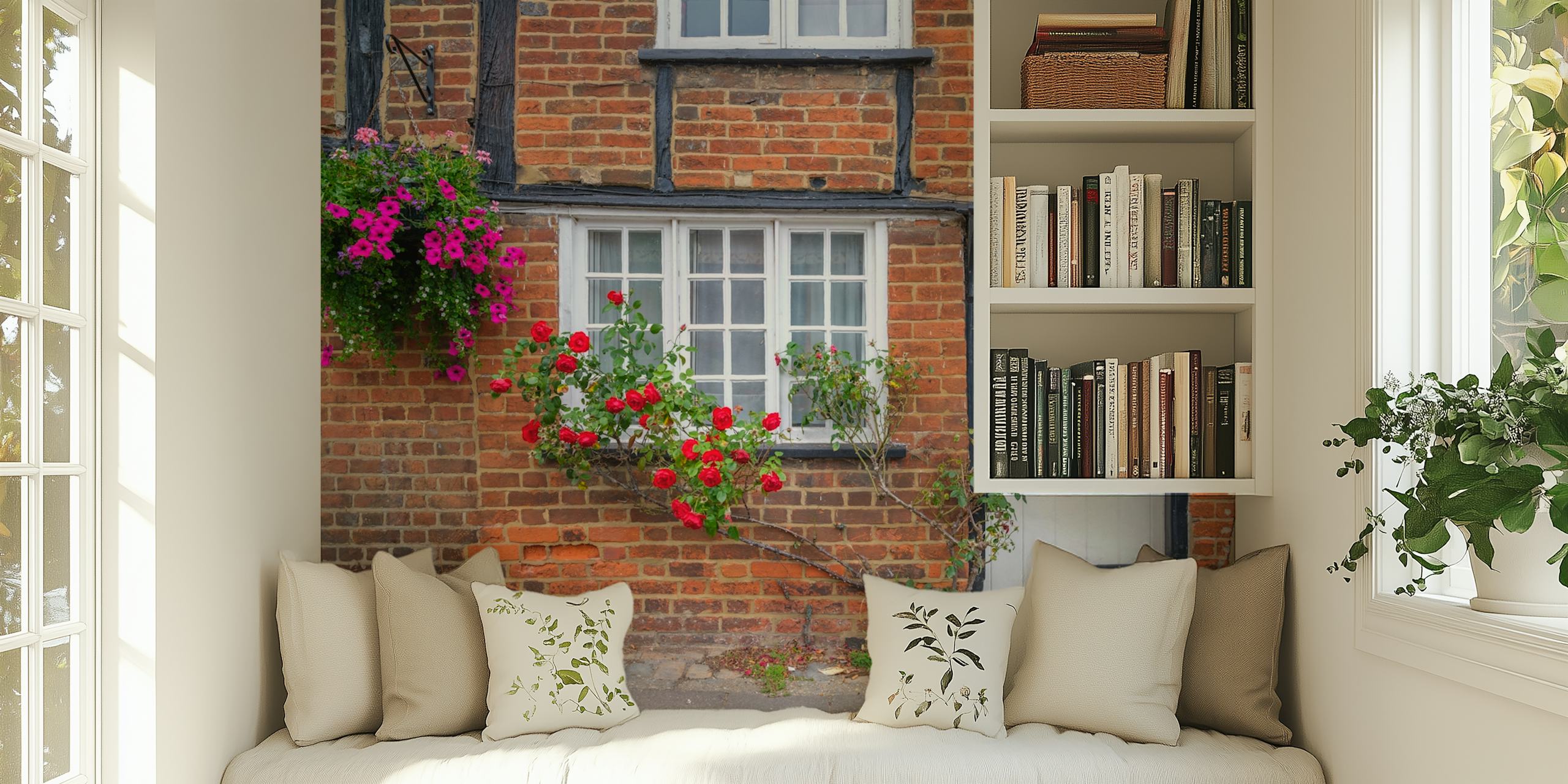 Blooming facade wallpaper displayed in a room