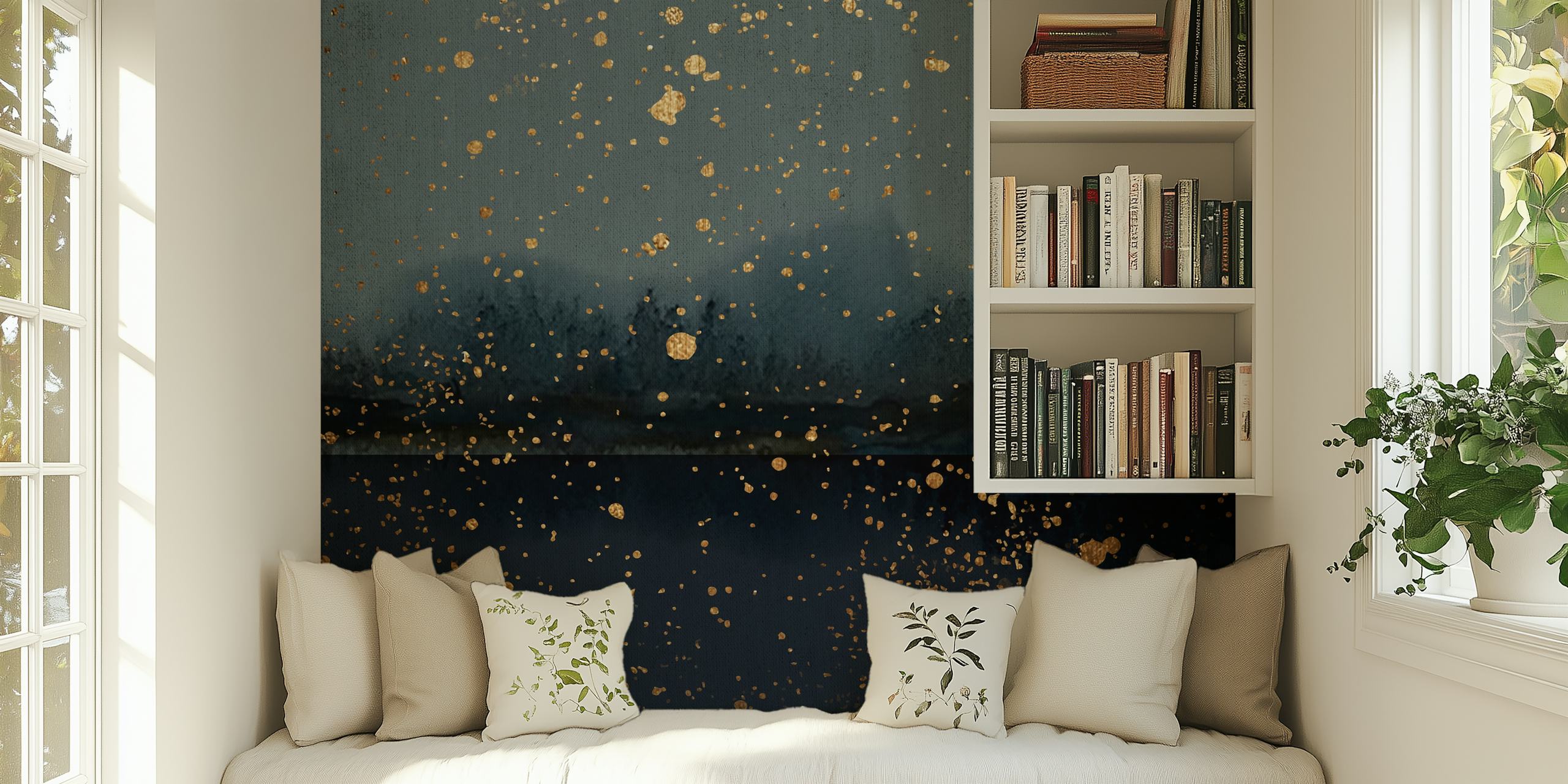 Dark blue wallpaper with gold splashes and abstract patterns