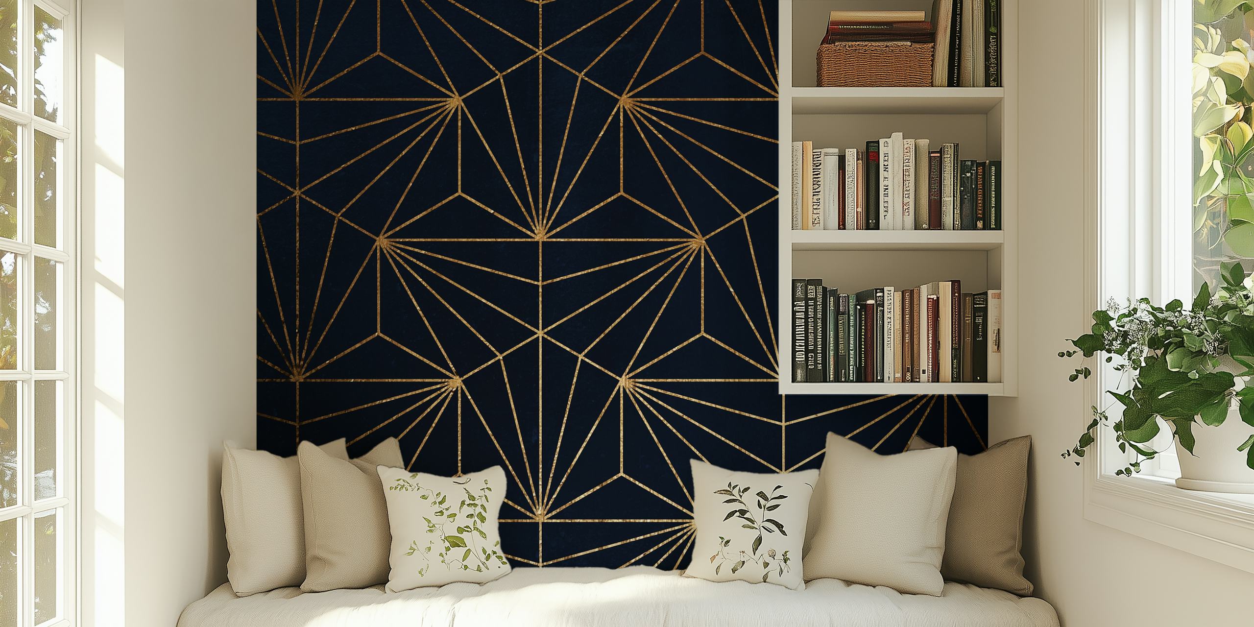 Gold geometric lines on navy blue background wallpaper