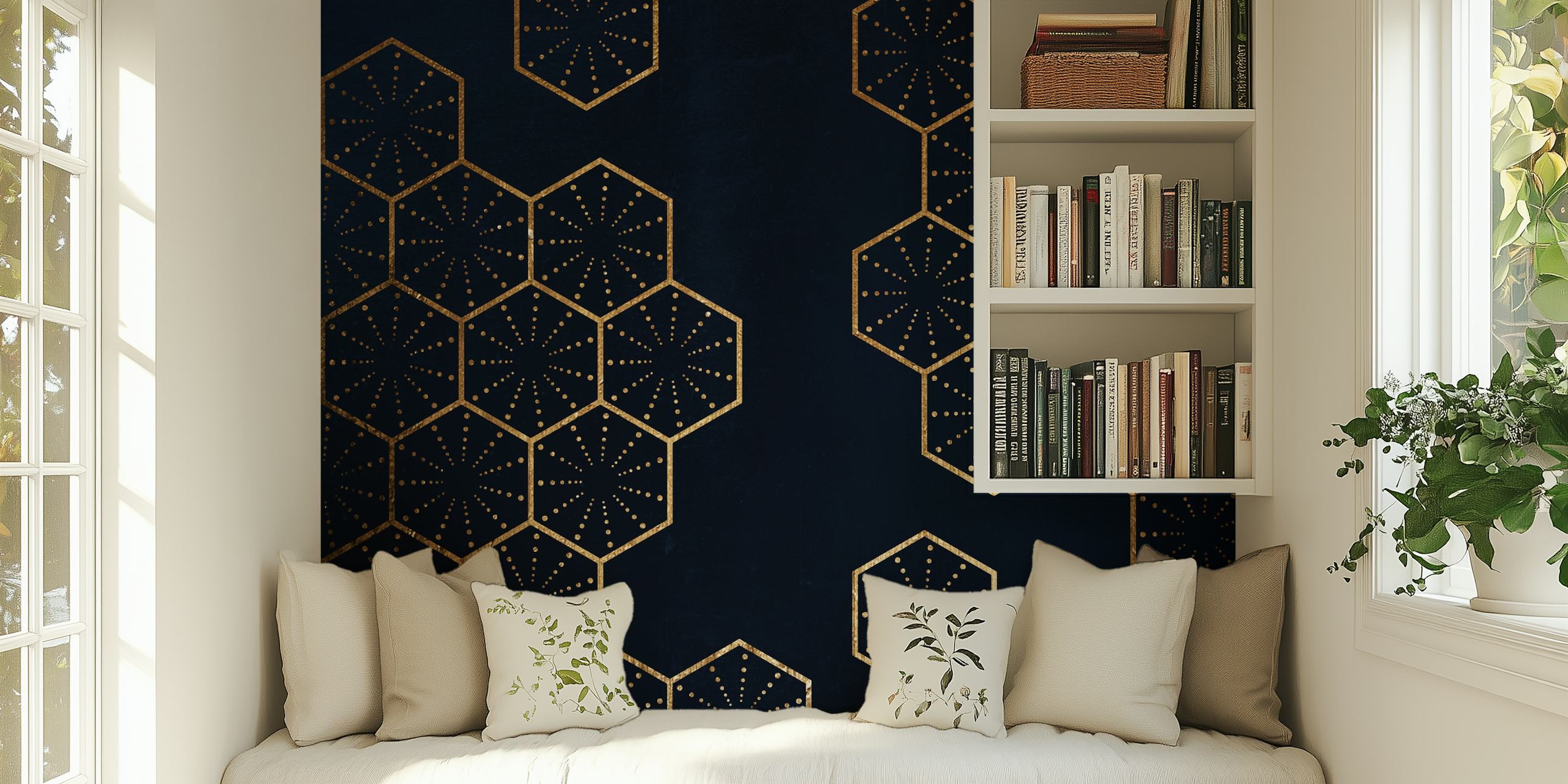 Navy geometric hexagon wallpaper with gold accents