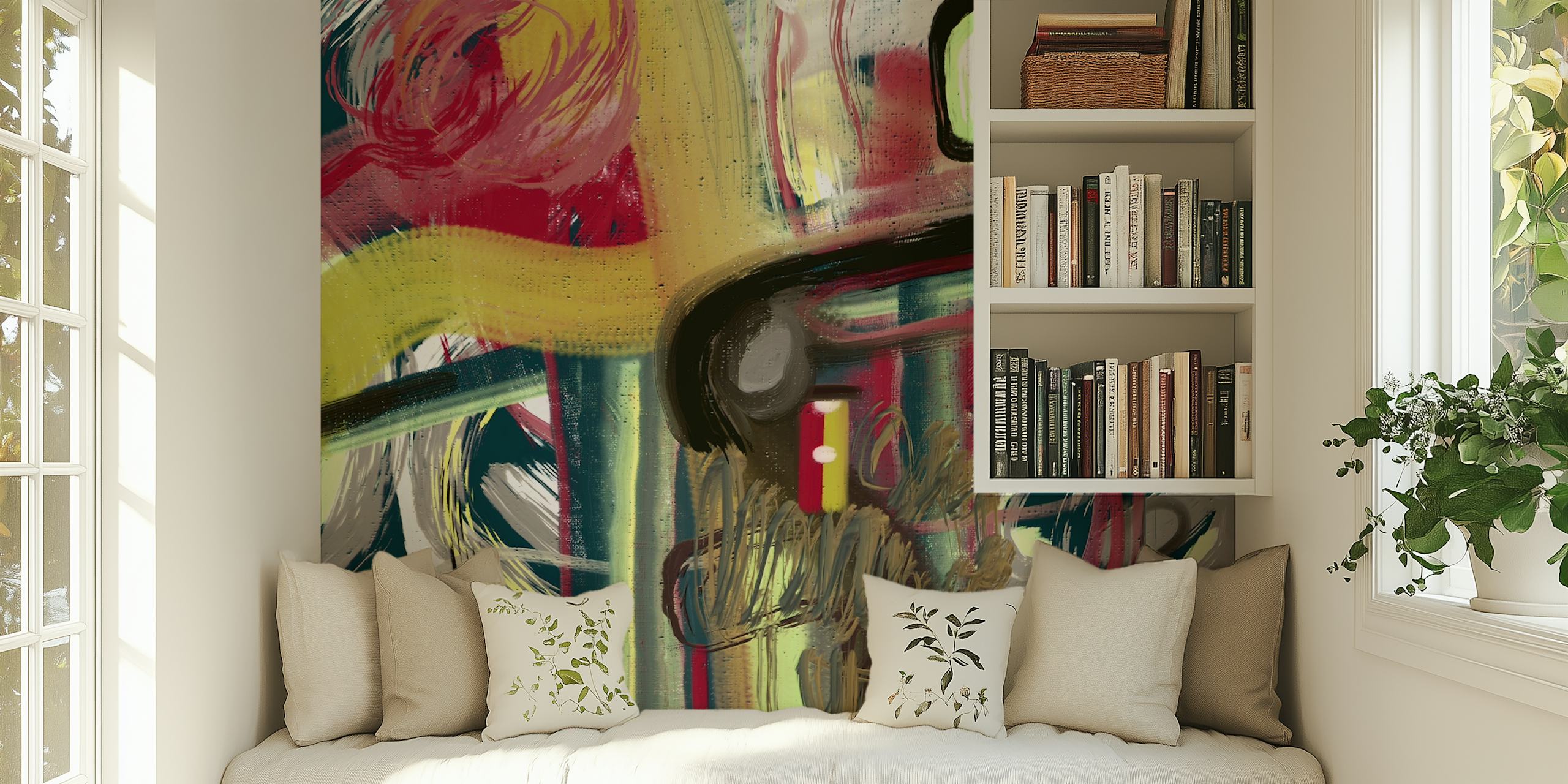 Colorful abstract brush strokes in red, yellow, and green wallpaper