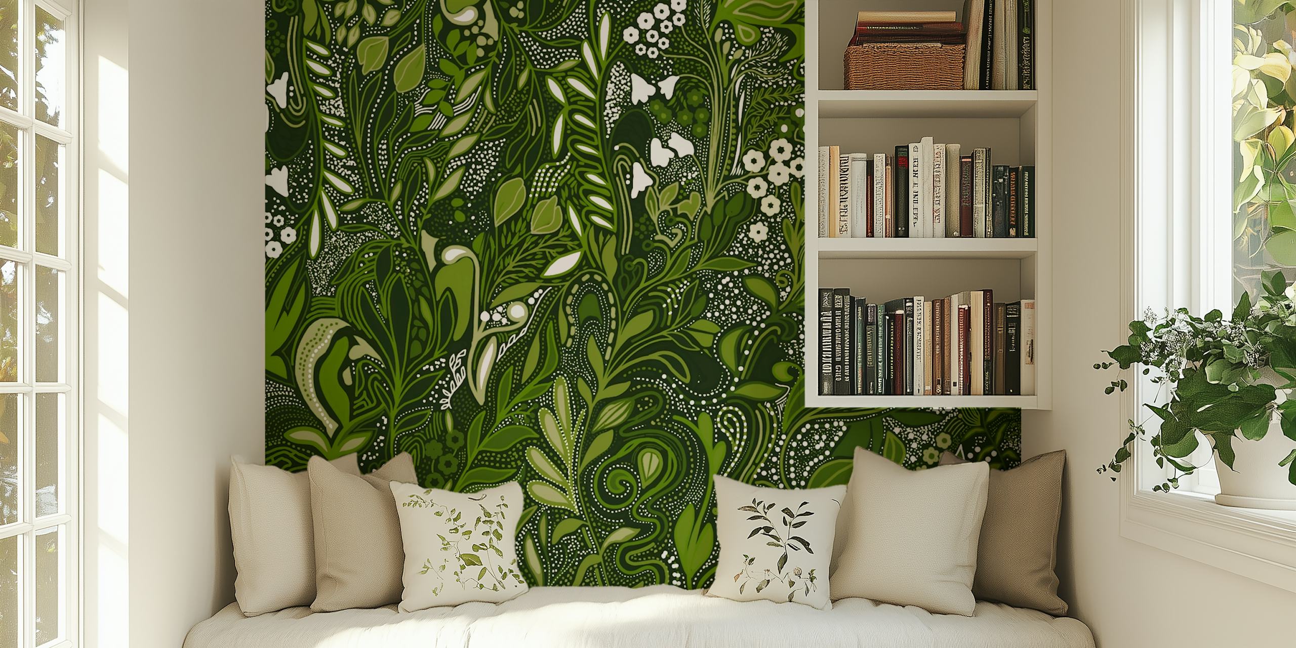 Intricate green floral patterns, leaves and flowers wallpaper