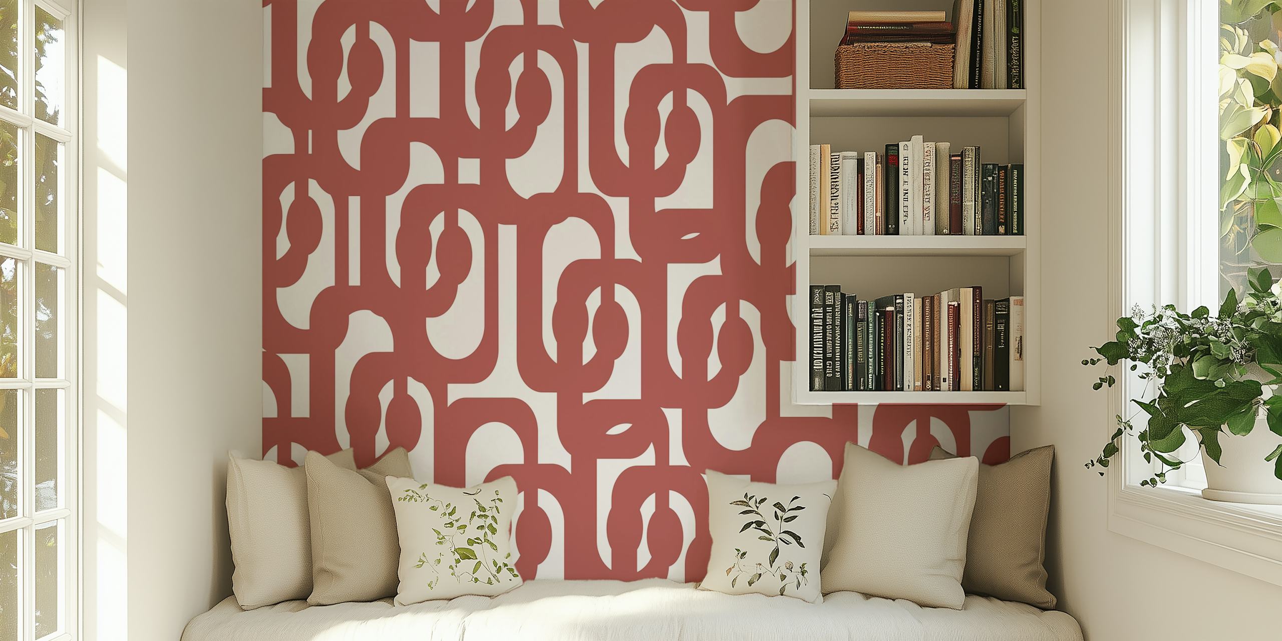 Maroon and white mid century modern loops wallpaper