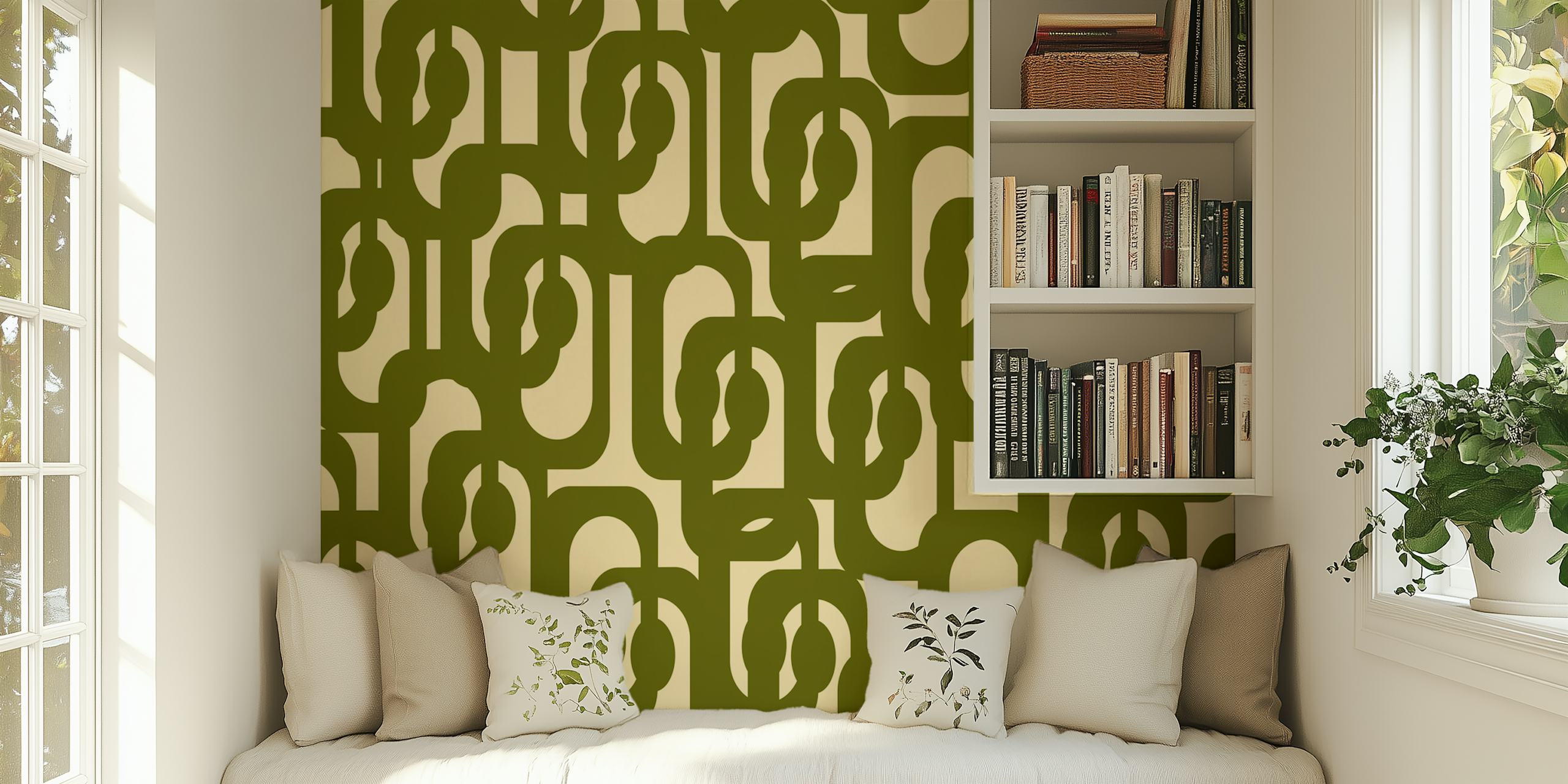 Mid Century Modern Loops Pattern Olive Green papel pintado en una habitación