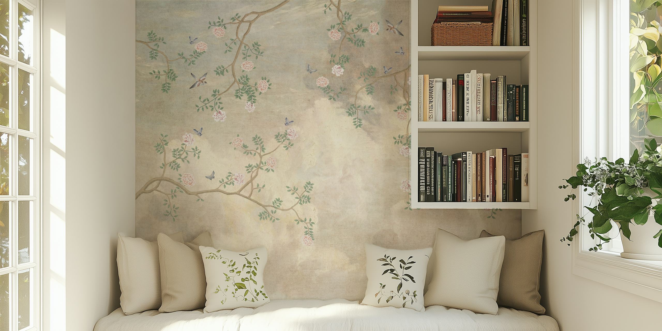 Cream floral peony wallpaper with pink flowers and green leaves