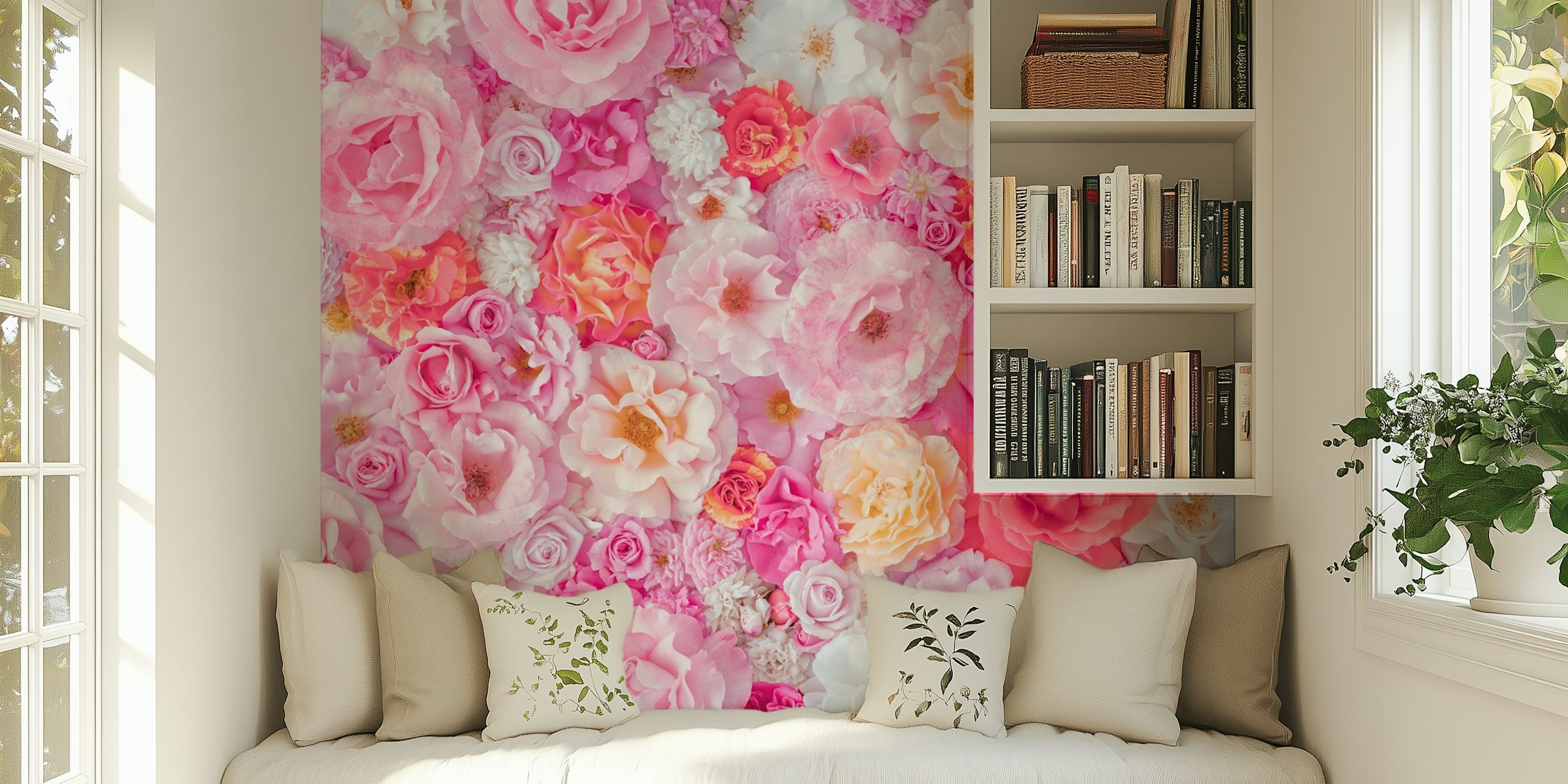 Floral wallpaper featuring pink and white roses in various sizes