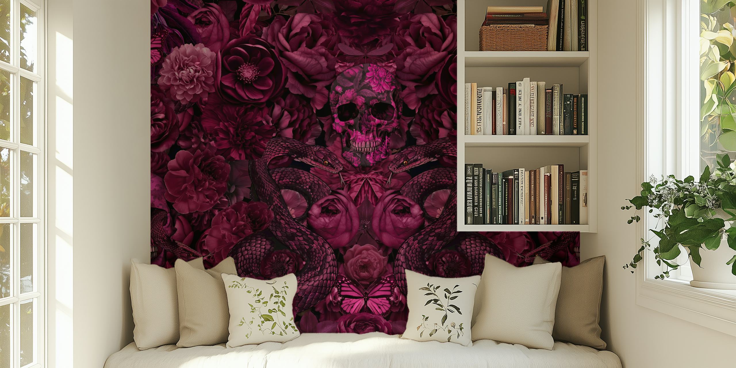 Papier peint goth floral skull snake dans une pièce