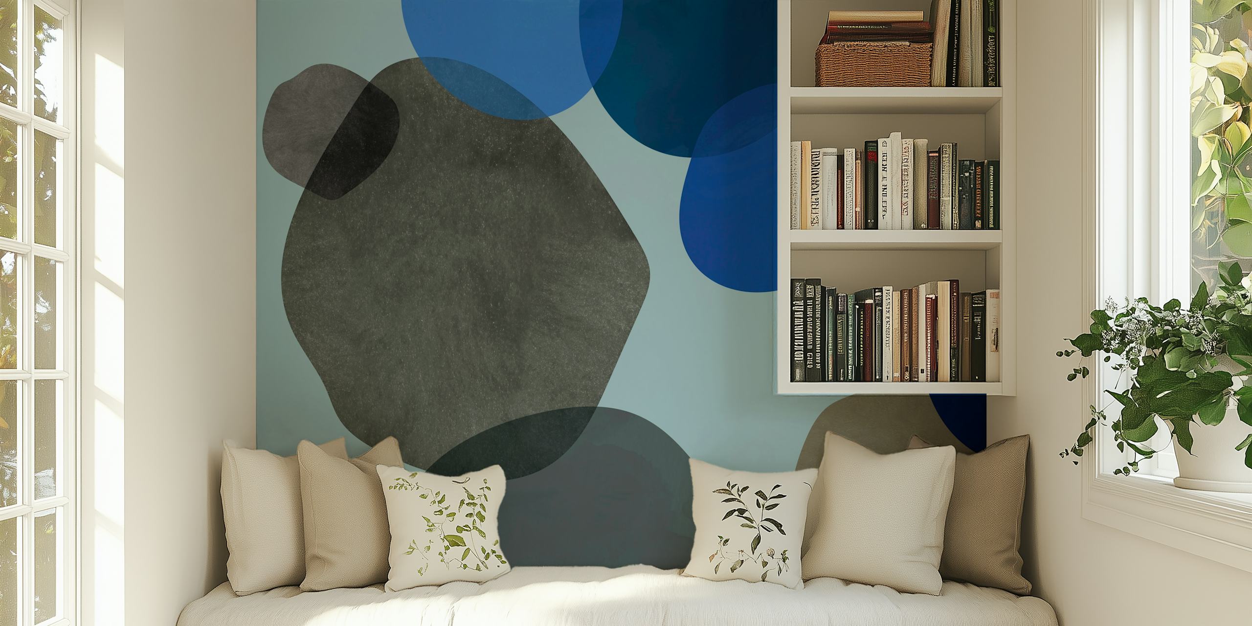 Abstract curved shapes in blue and grey wallpaper