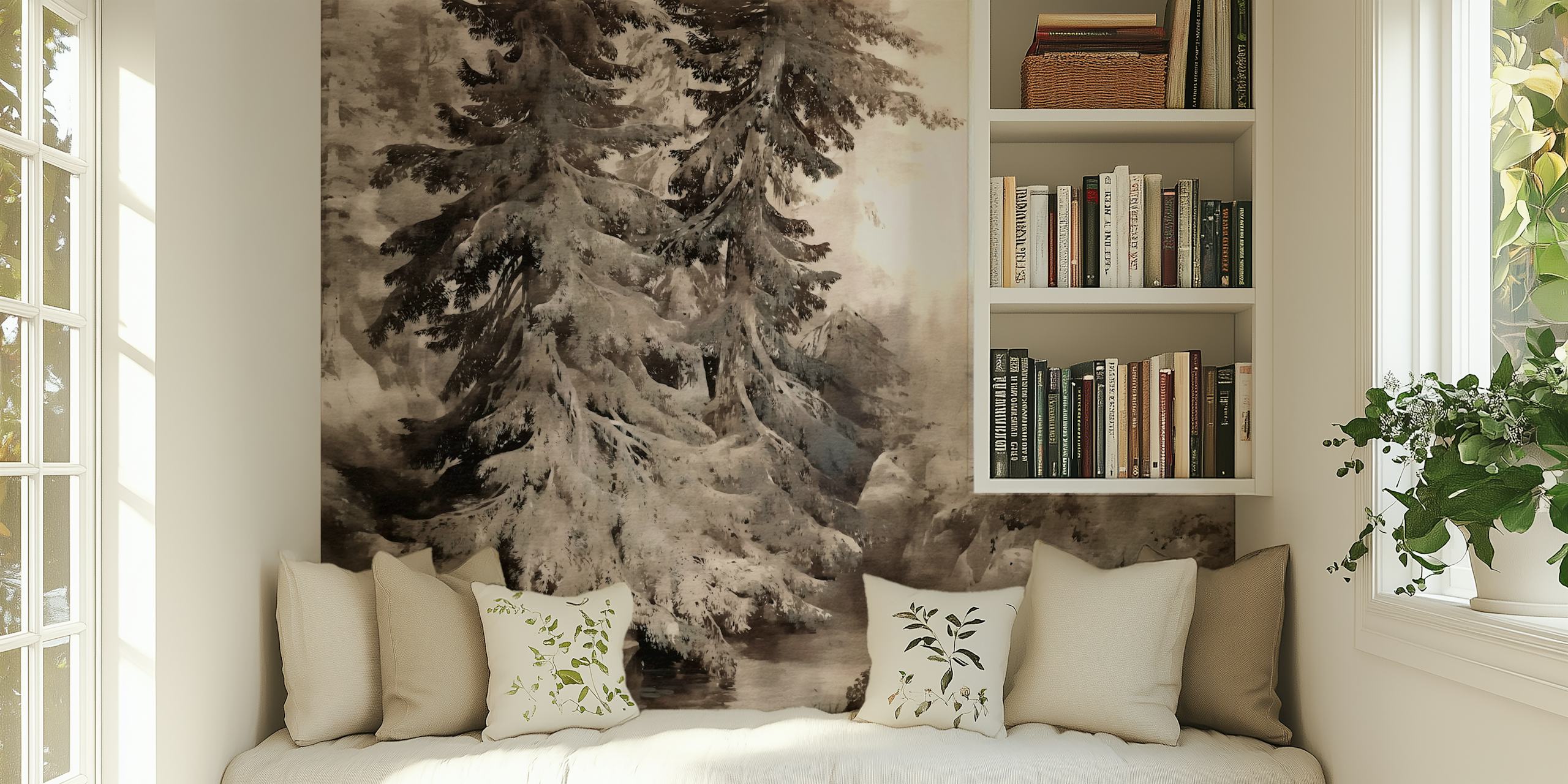 Tranquil mountain wallpaper in a cozy room