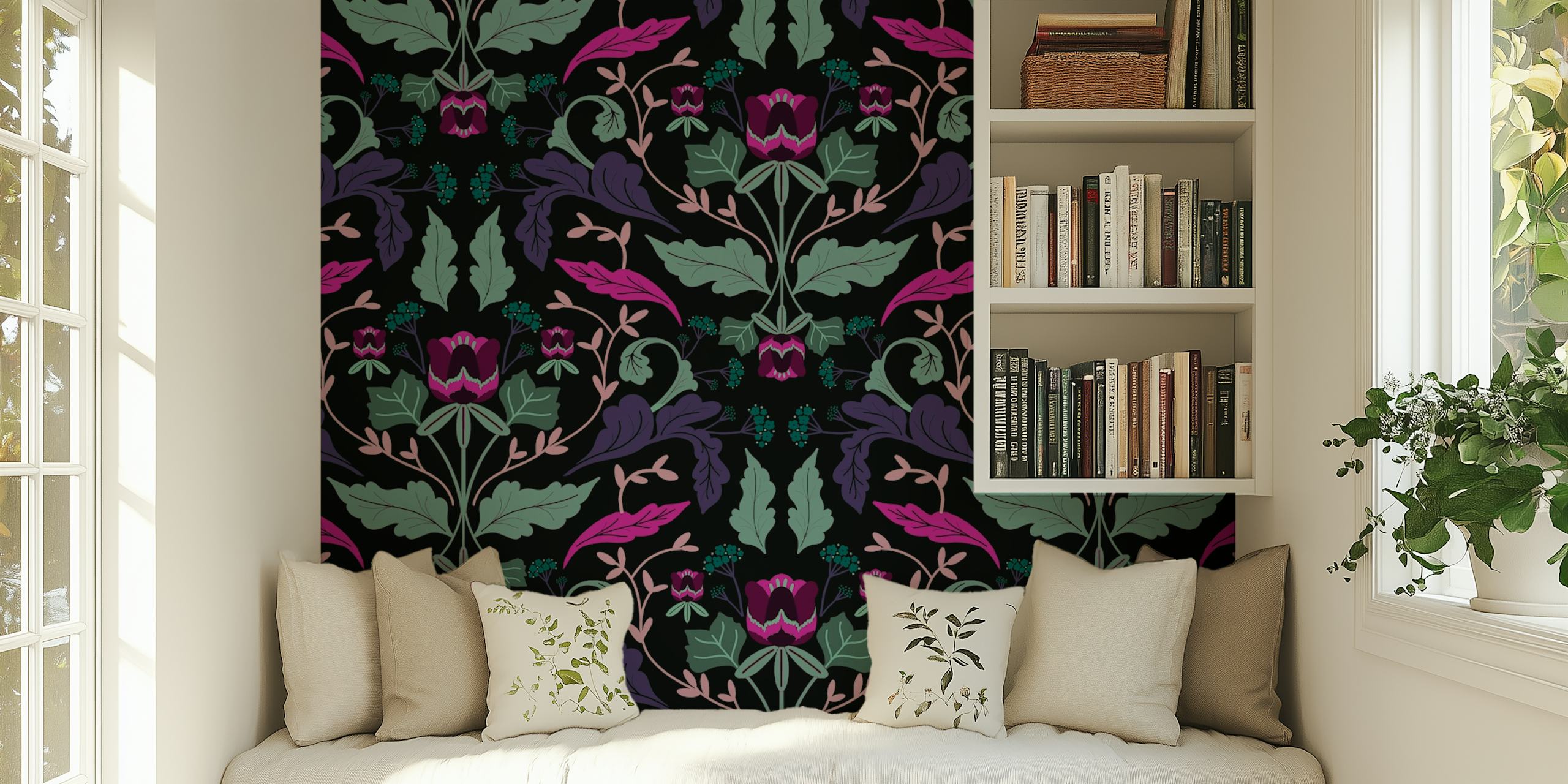 Dark floral wallpaper with tulip flowers and leaves in purple and green tones