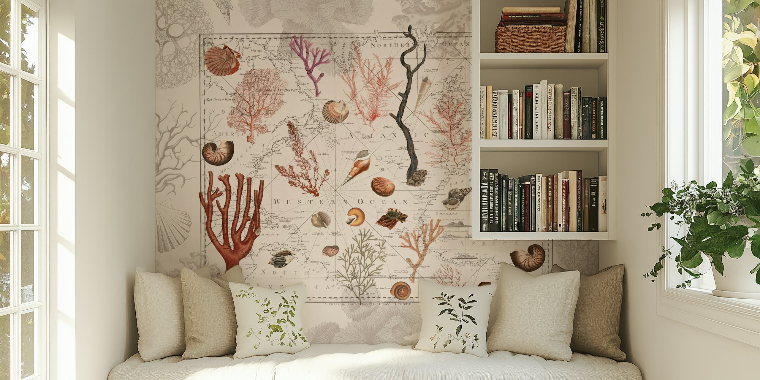 Vintage Map Tapete mit Meereslebensdesigns