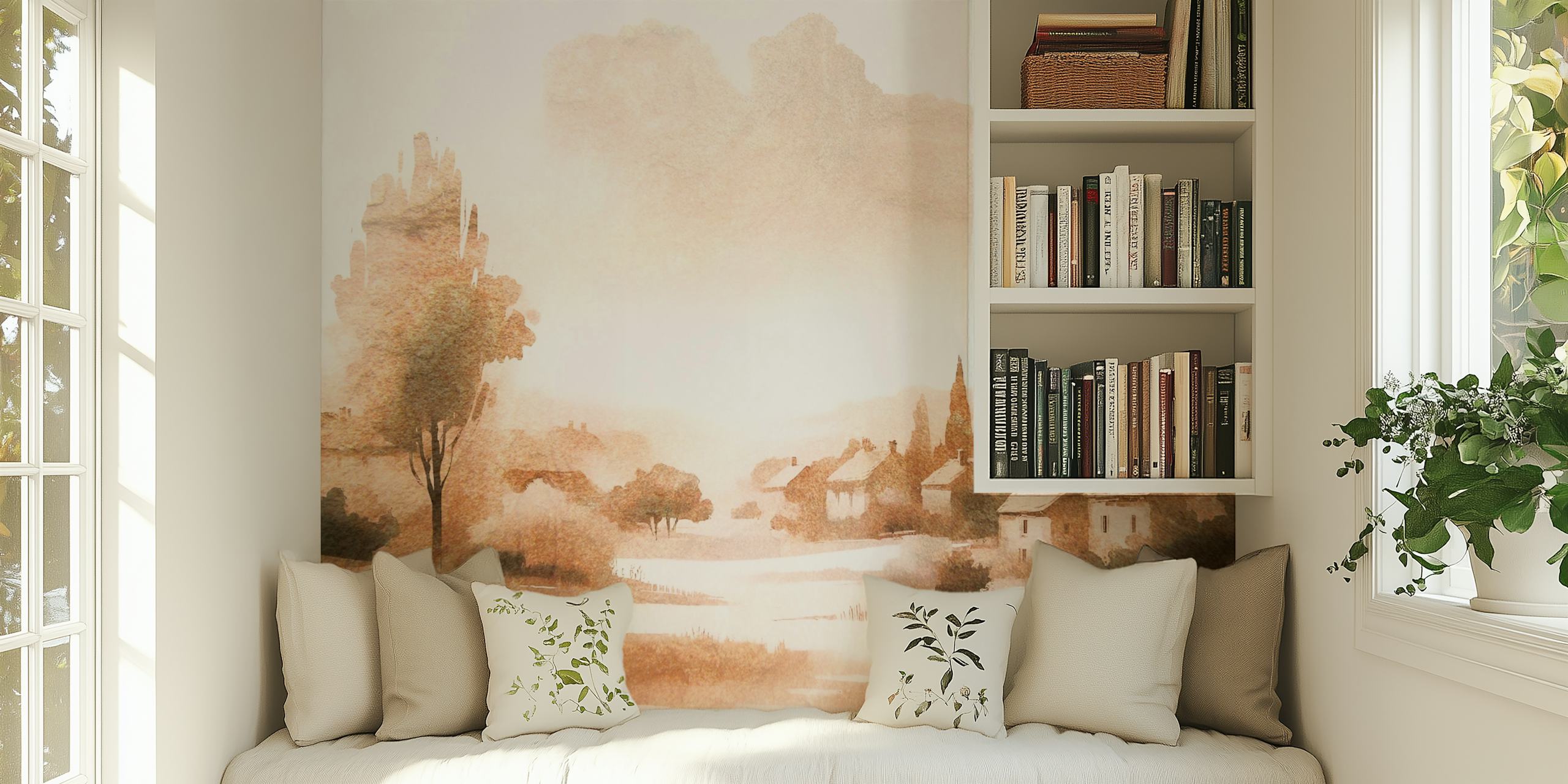 Rustic countryside landscape illustration in soft earth tones wallpaper