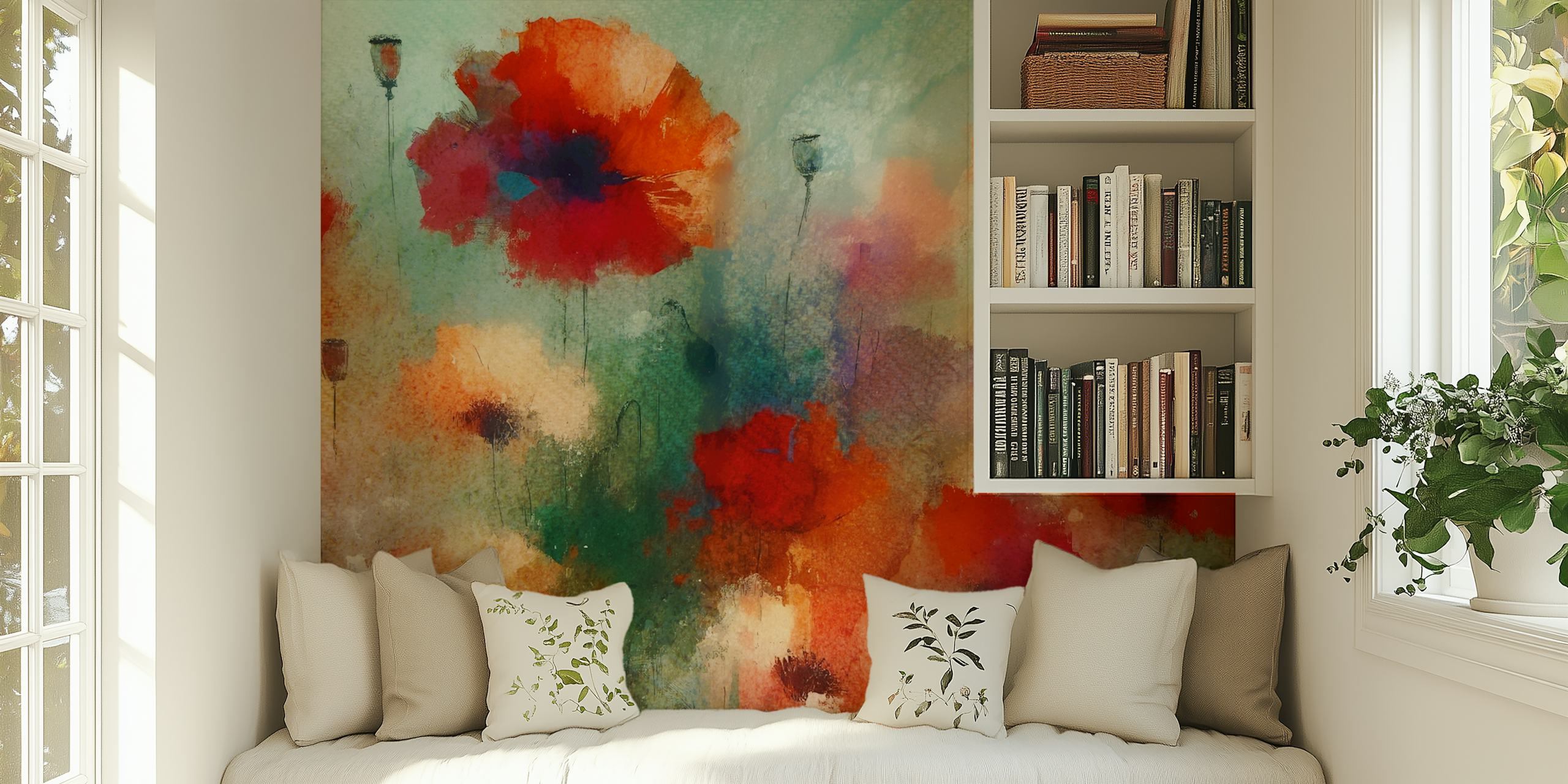 Red poppy flowers on a colorful background wallpaper