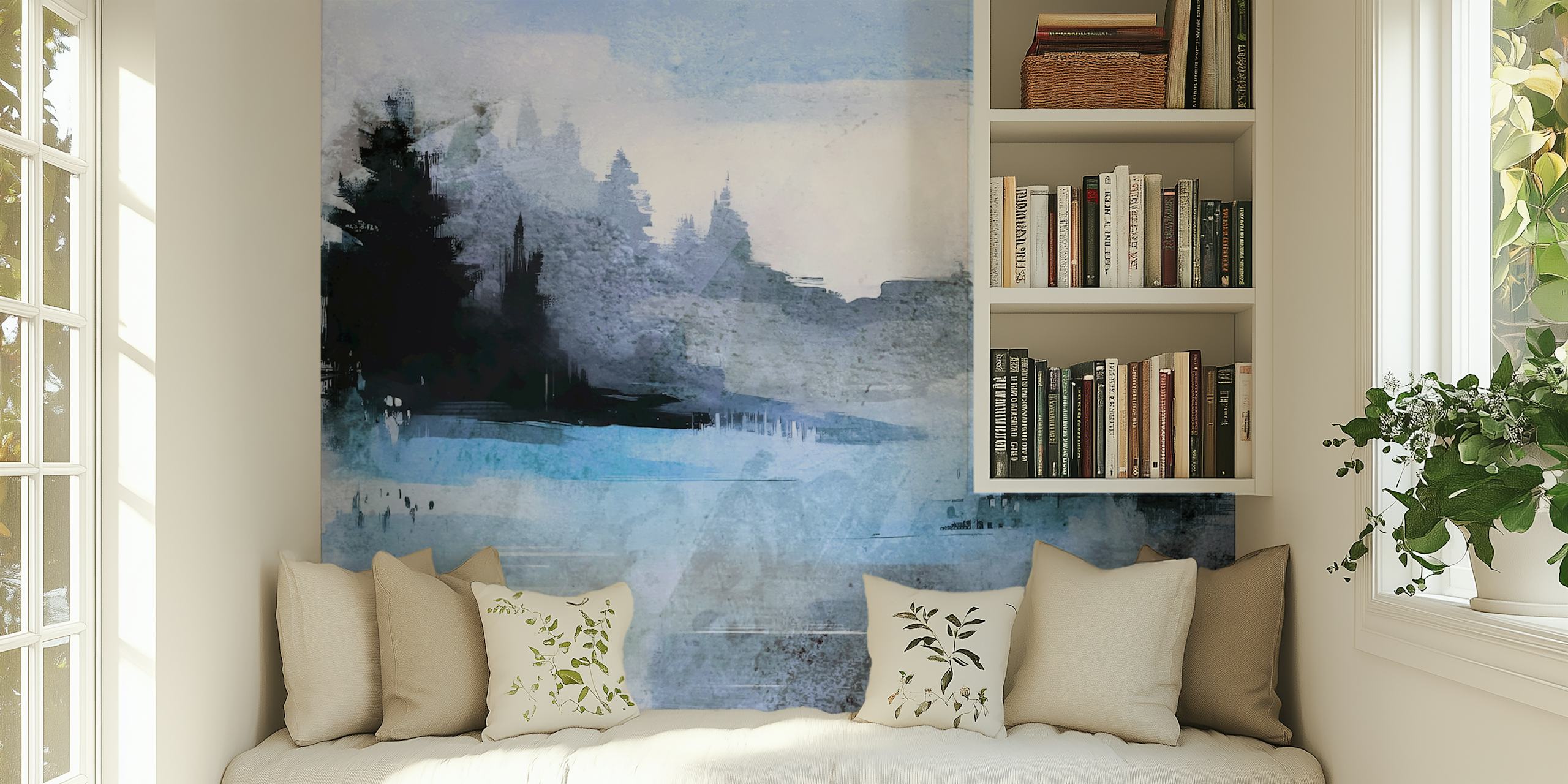 Abstract blue and gray forest landscape wallpaper