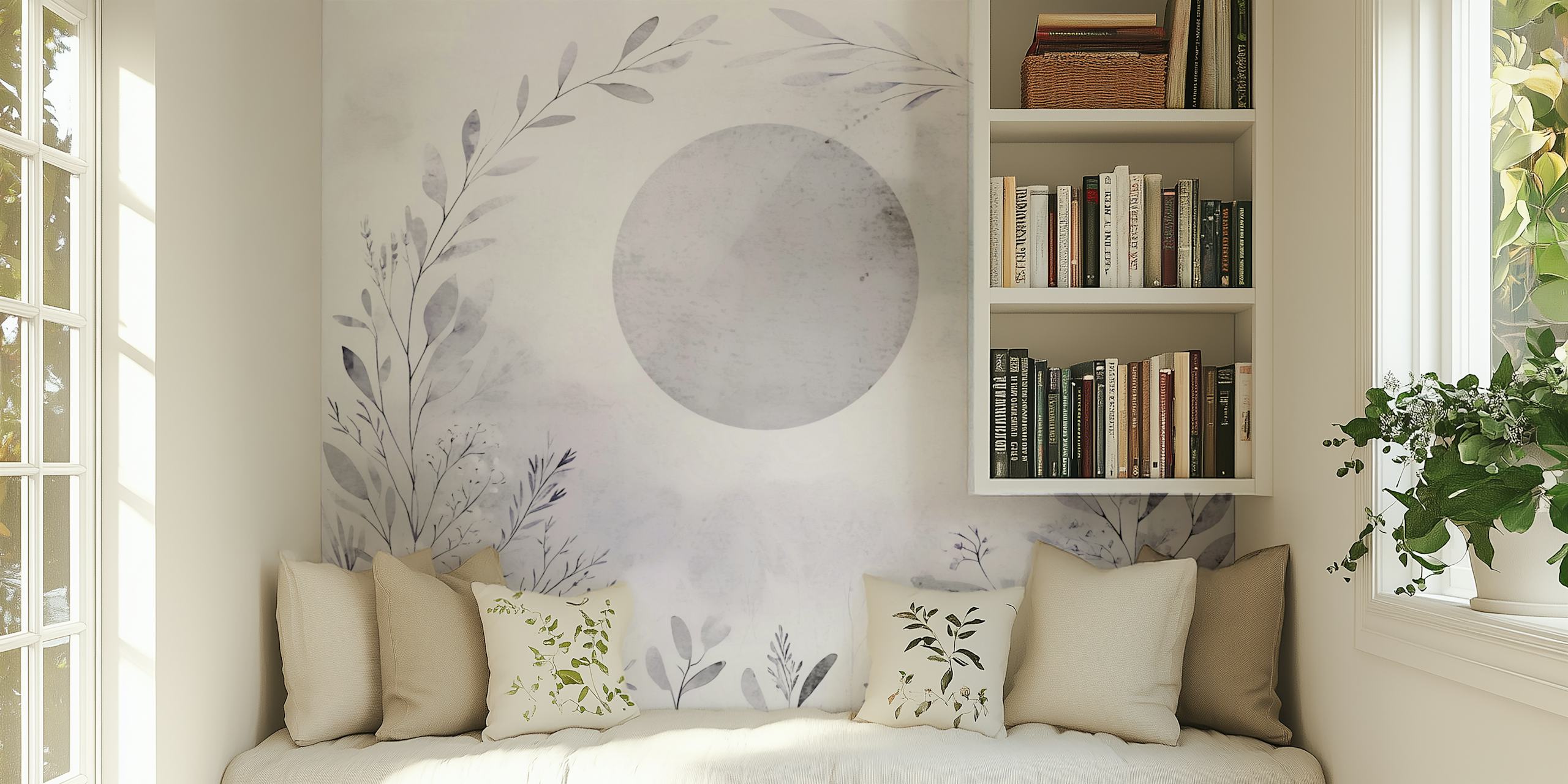 Delicate floral leaves and a grey circle pattern wallpaper