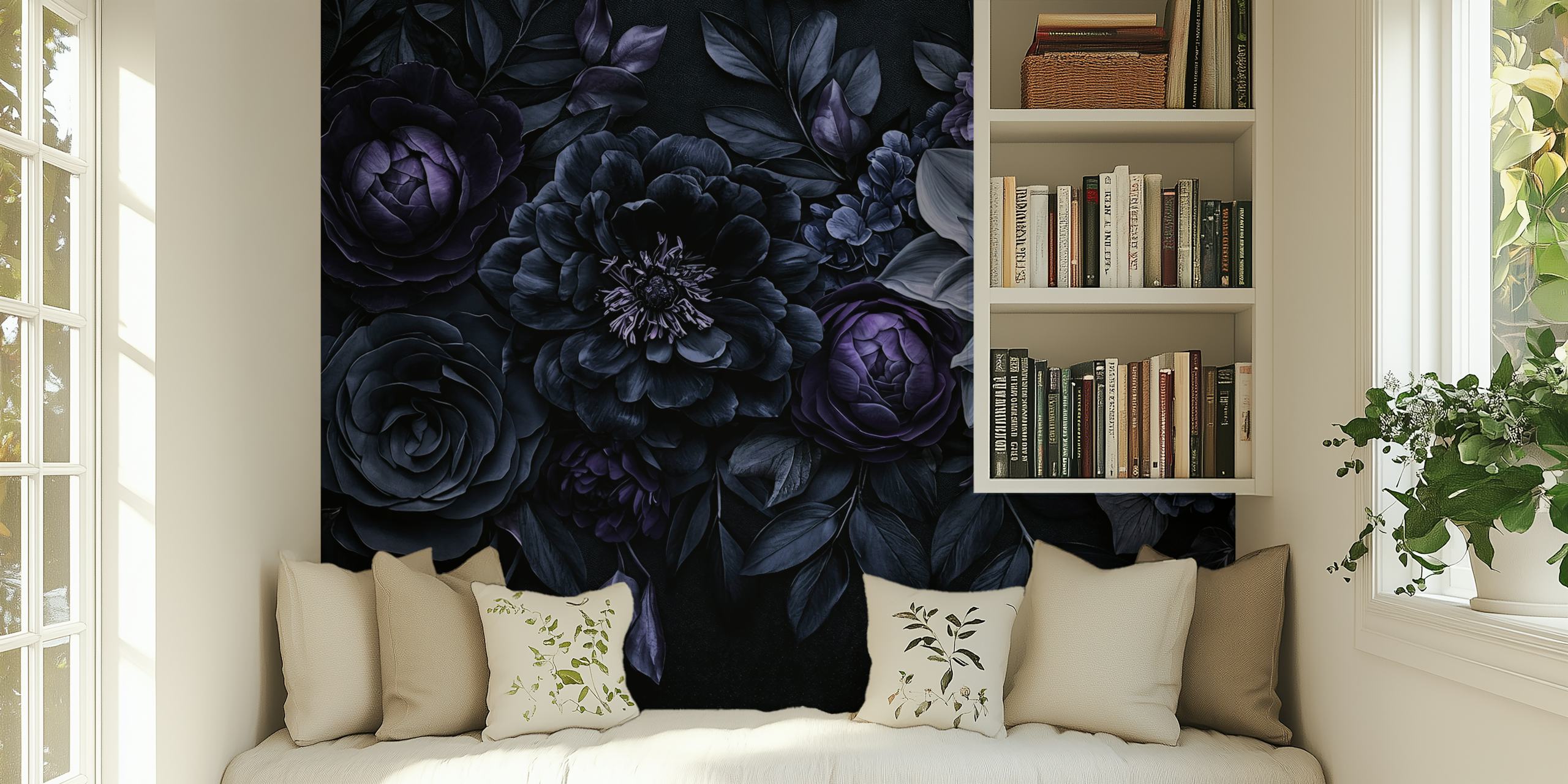 Dark floral pattern with deep purple flowers and leaves wallpaper