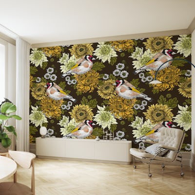 Goldfinch and chrysanthemums 2