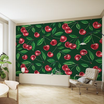 Red cherries on dark green