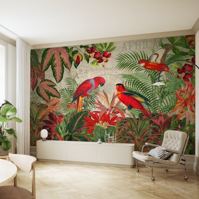 Vintage Rainforest With Tropical Red Parrots