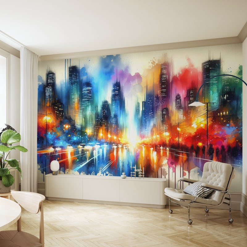 Watercolor Abstract Skyline At Night