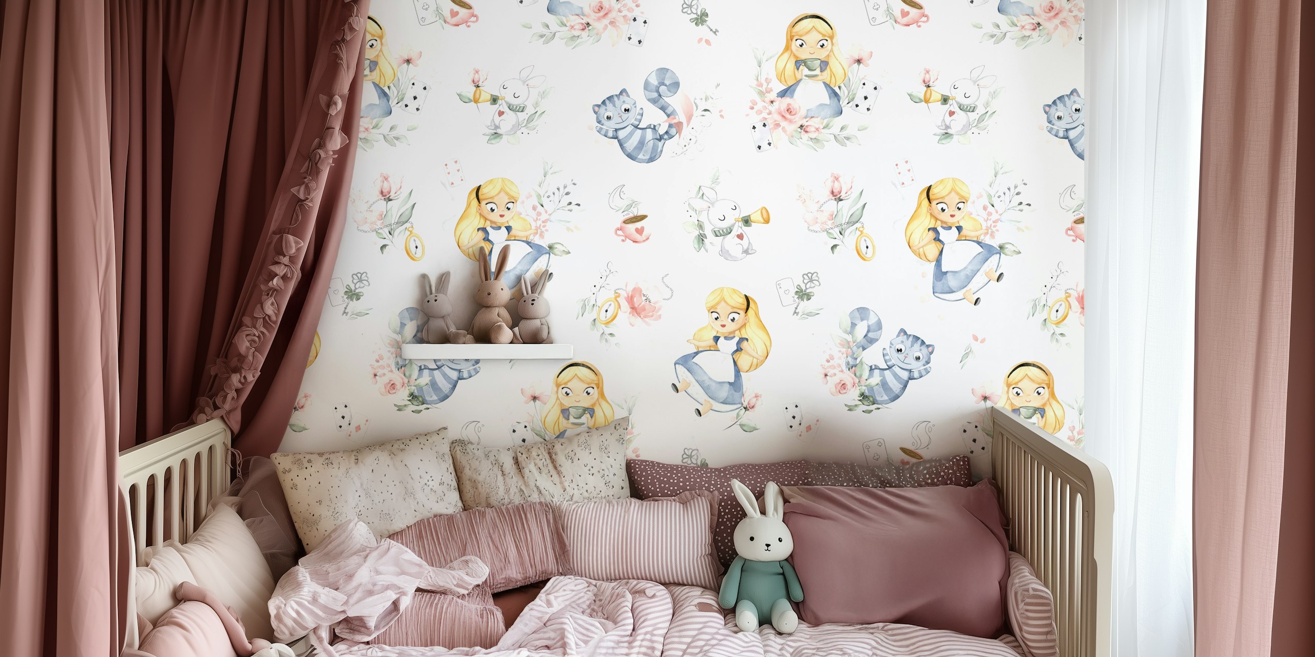 Alice in Wonderland themed wallpaper in a room