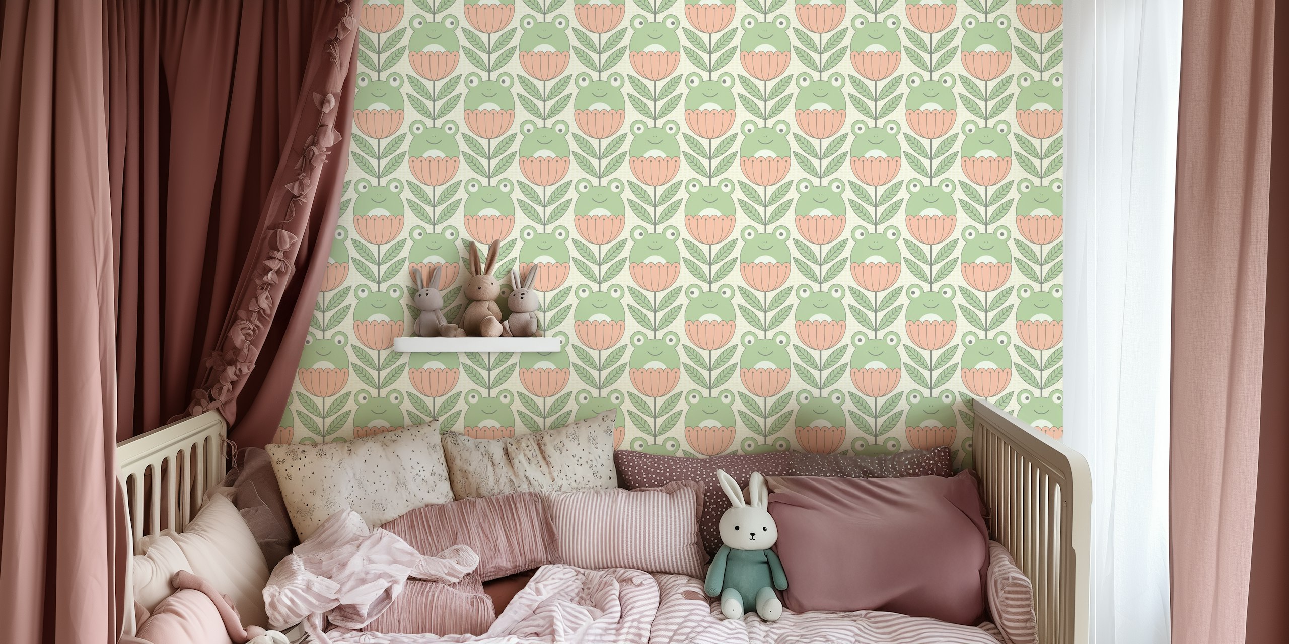 Illustrative frogs and pink flowers with green leaves wallpaper