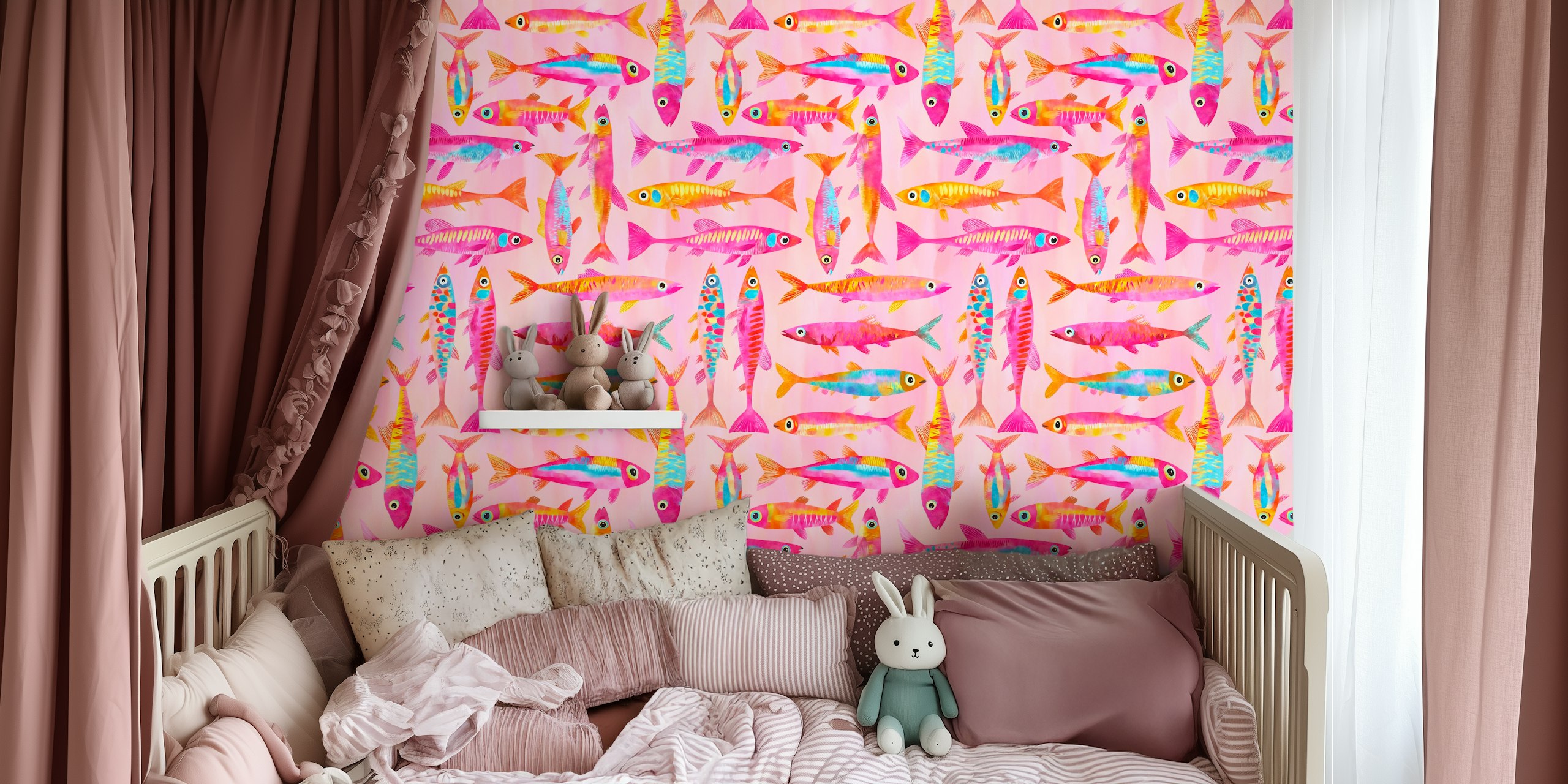 Colorful fish wallpaper in a bright room