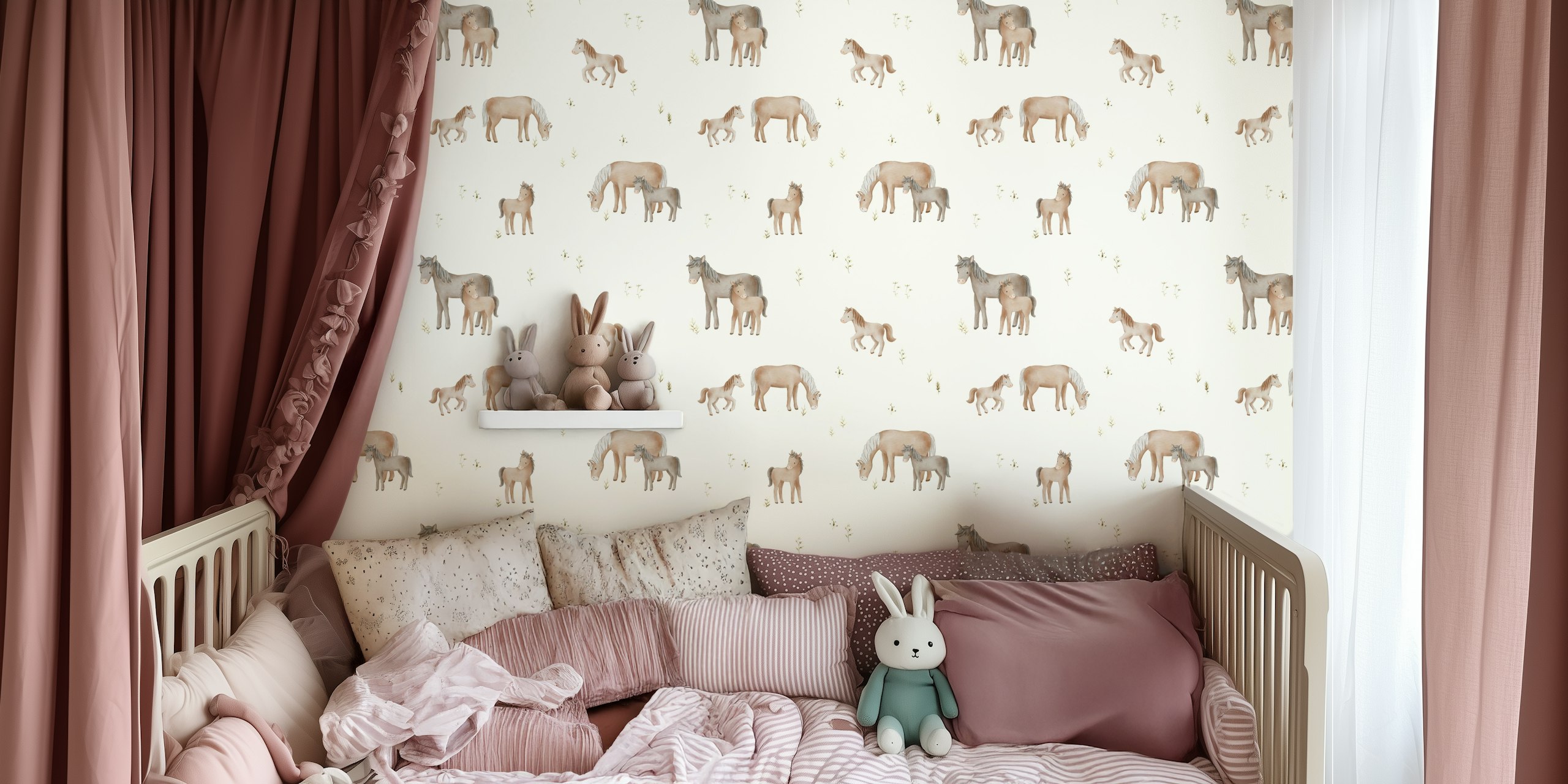 Serene horse meadow wallpaper in a room