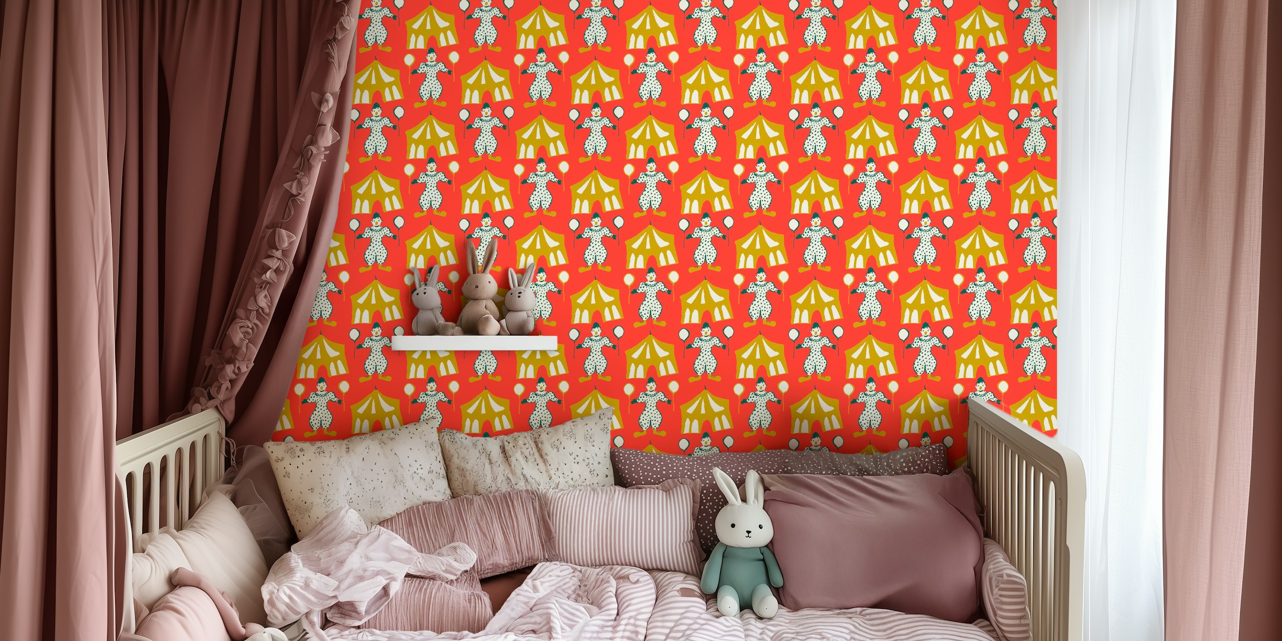 Colorful circus clown and tent motif in red wallpaper