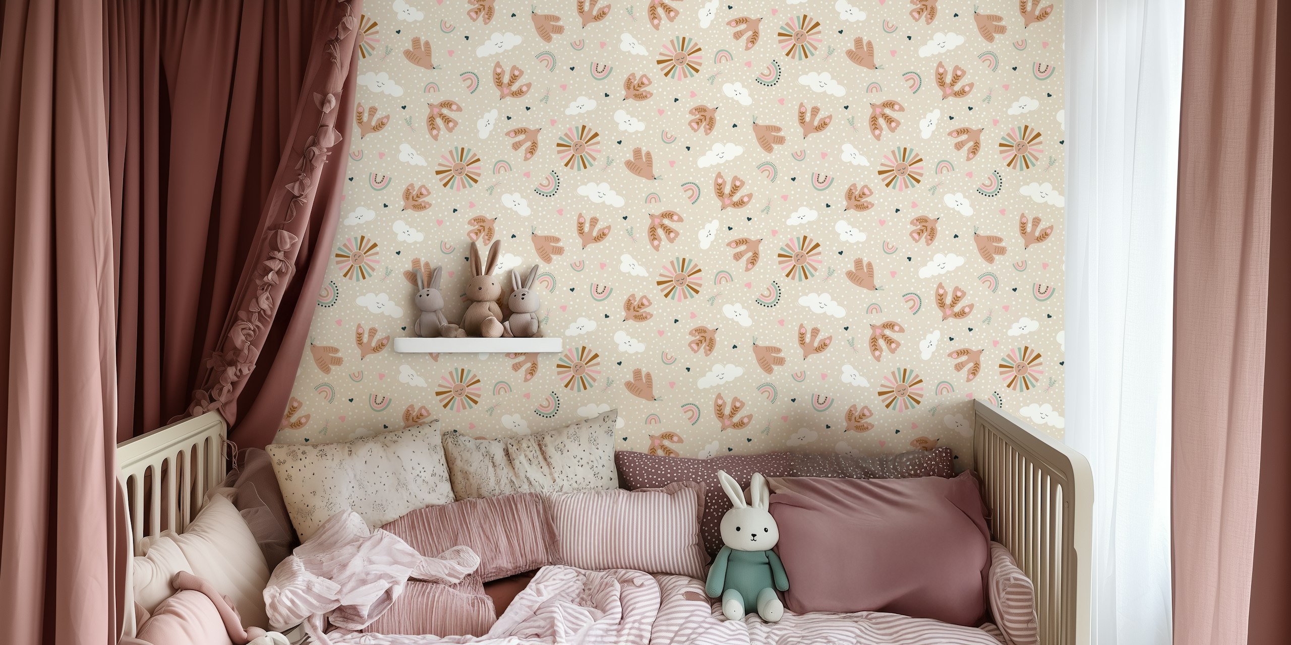 Colorful birds, flowers, and rainbows on beige background wallpaper