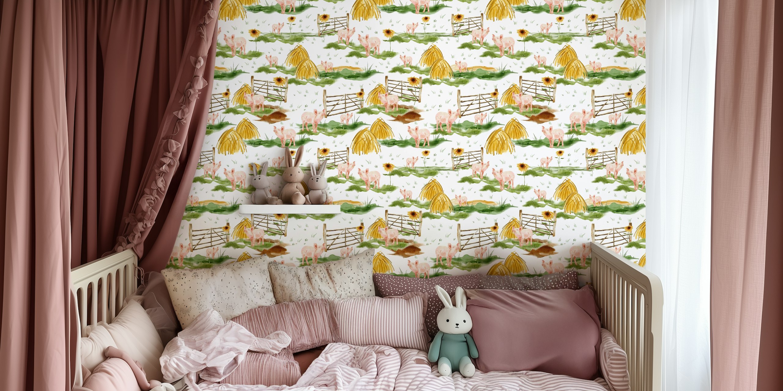 Charming piglet wallpaper design in a room