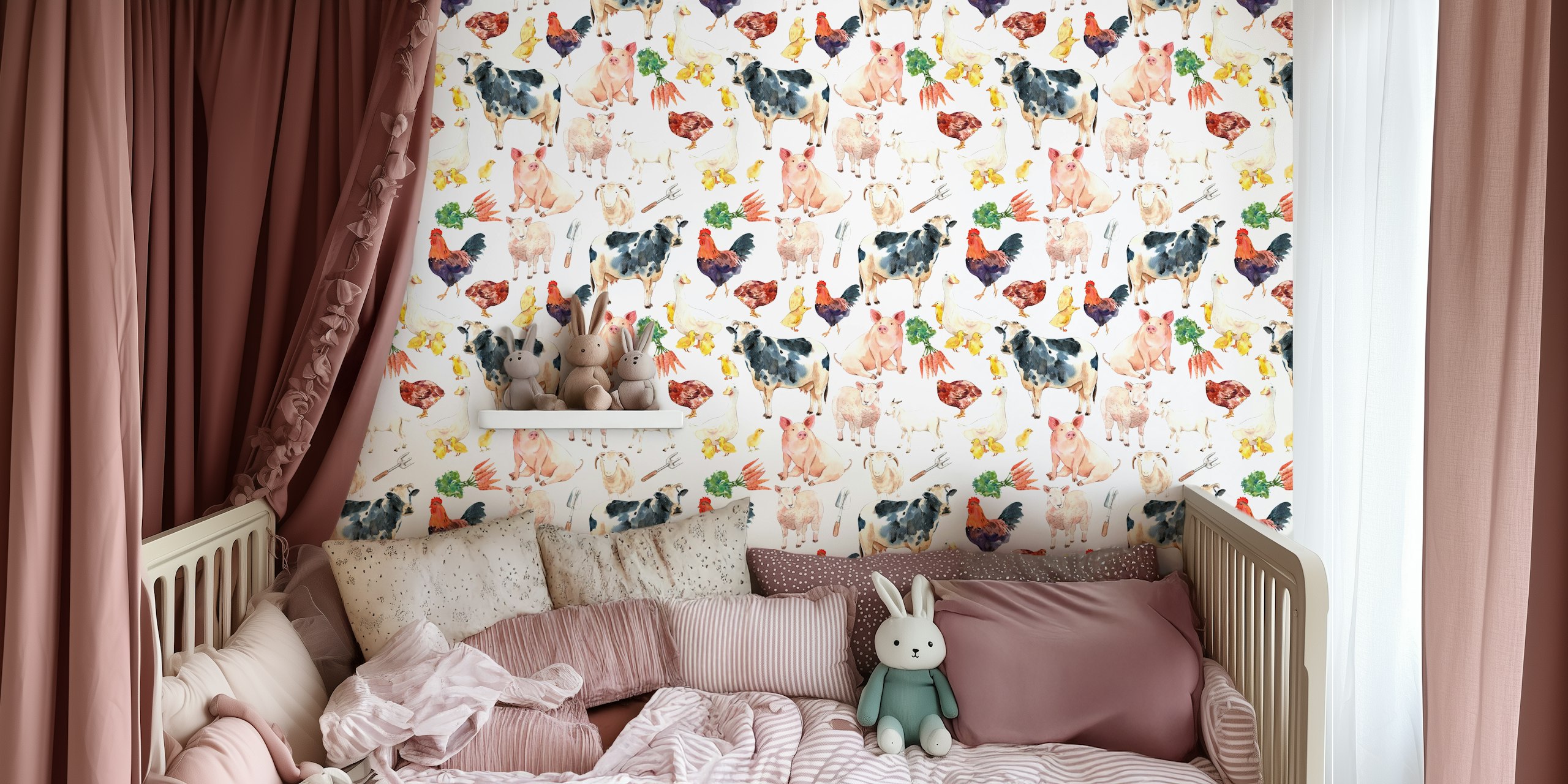 Farm animals like cows, pigs, chickens, and ducks on a white background wallpaper